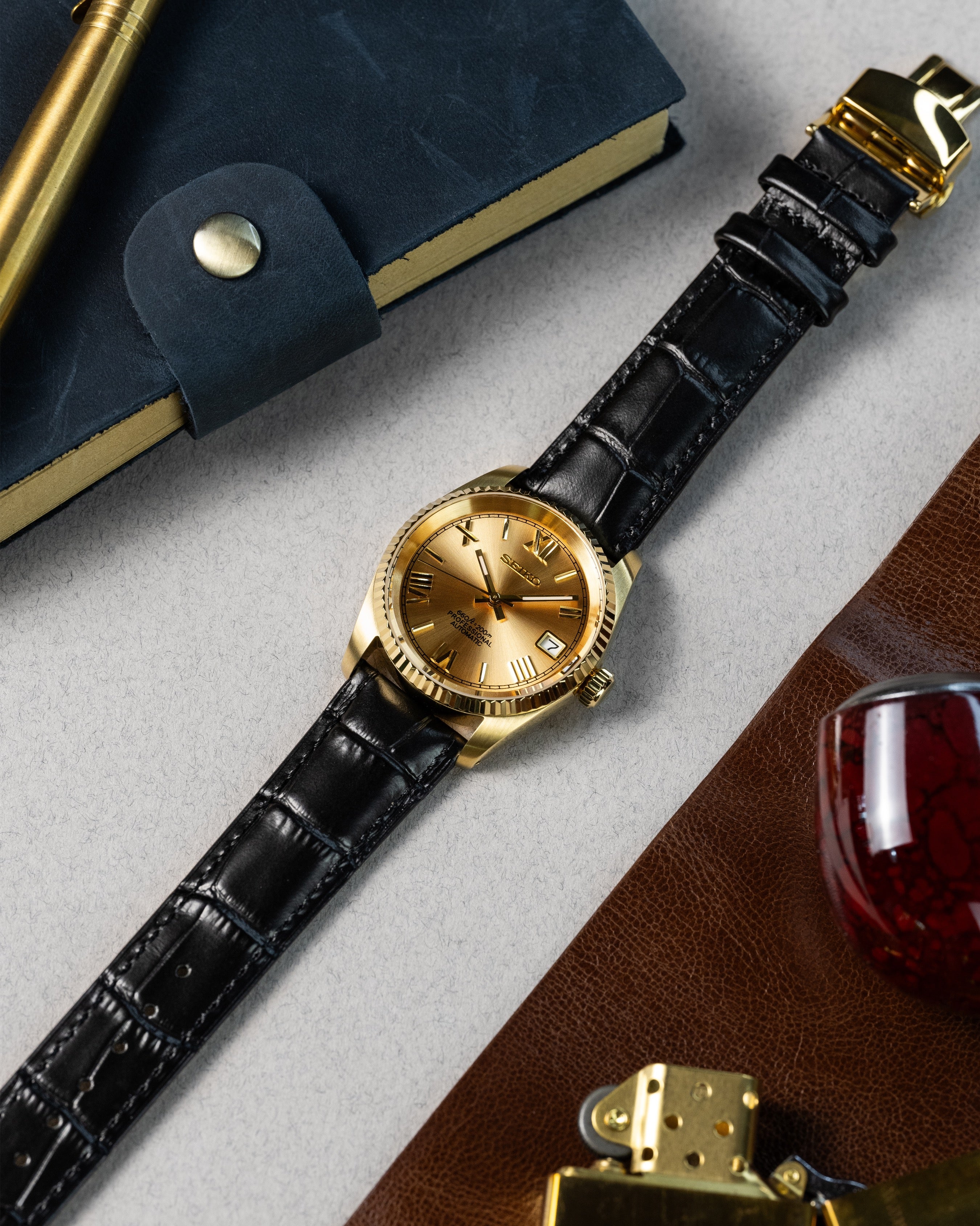 Custom Datejust Seiko – Mod Full Gold Dial Roman Numerals With Embossed Alligator Crocodile Leather Strap1