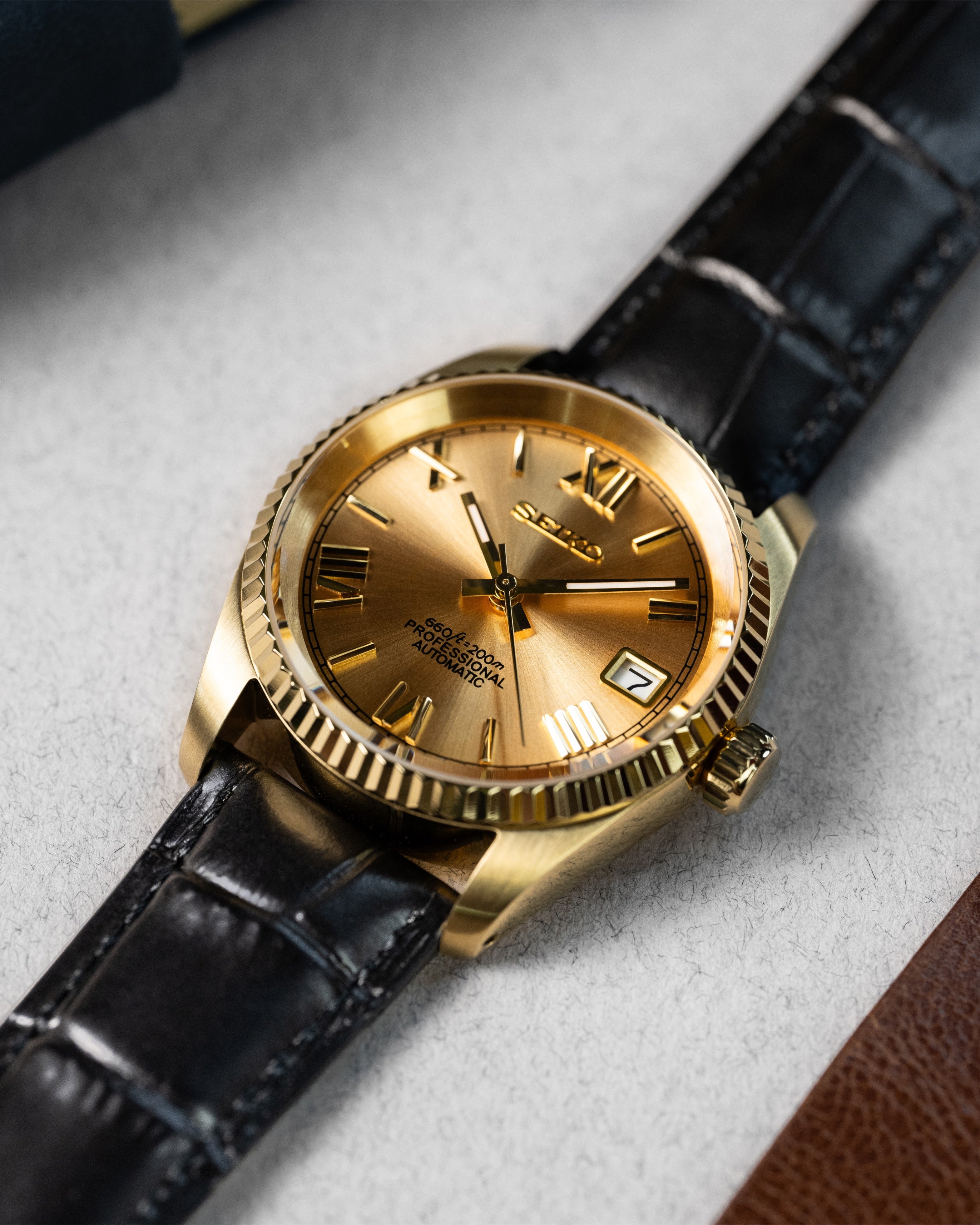 Custom Datejust Seiko – Mod Full Gold Dial Roman Numerals With Embossed Alligator Crocodile Leather Strap2