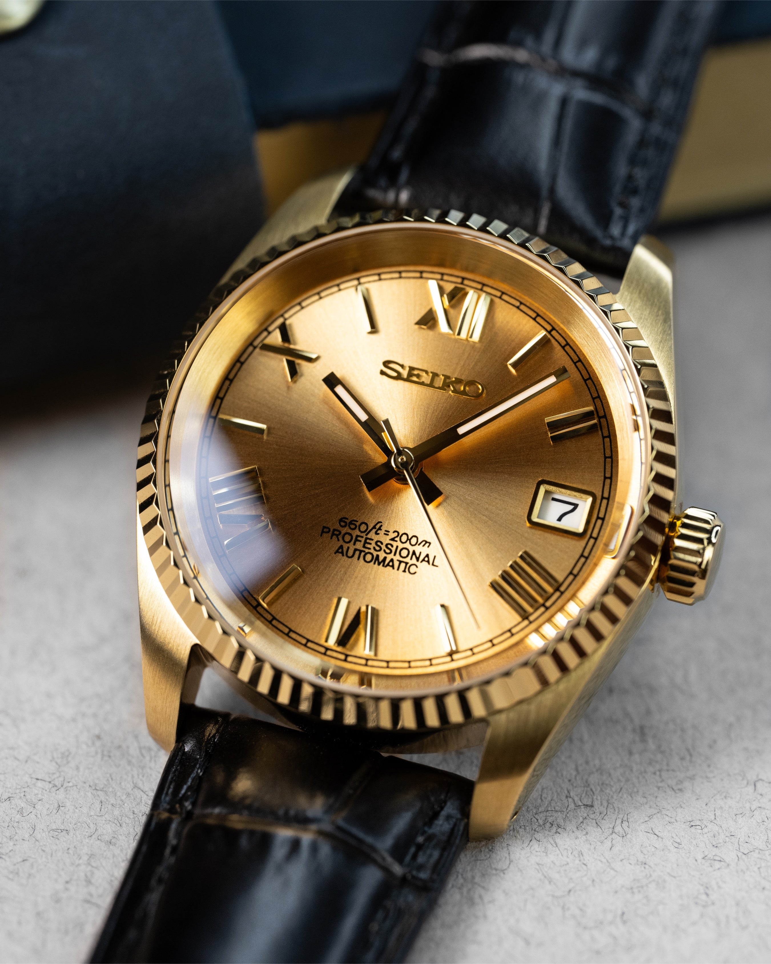 Custom Datejust Seiko – Mod Full Gold Dial Roman Numerals With Embossed Alligator Crocodile Leather Strap3