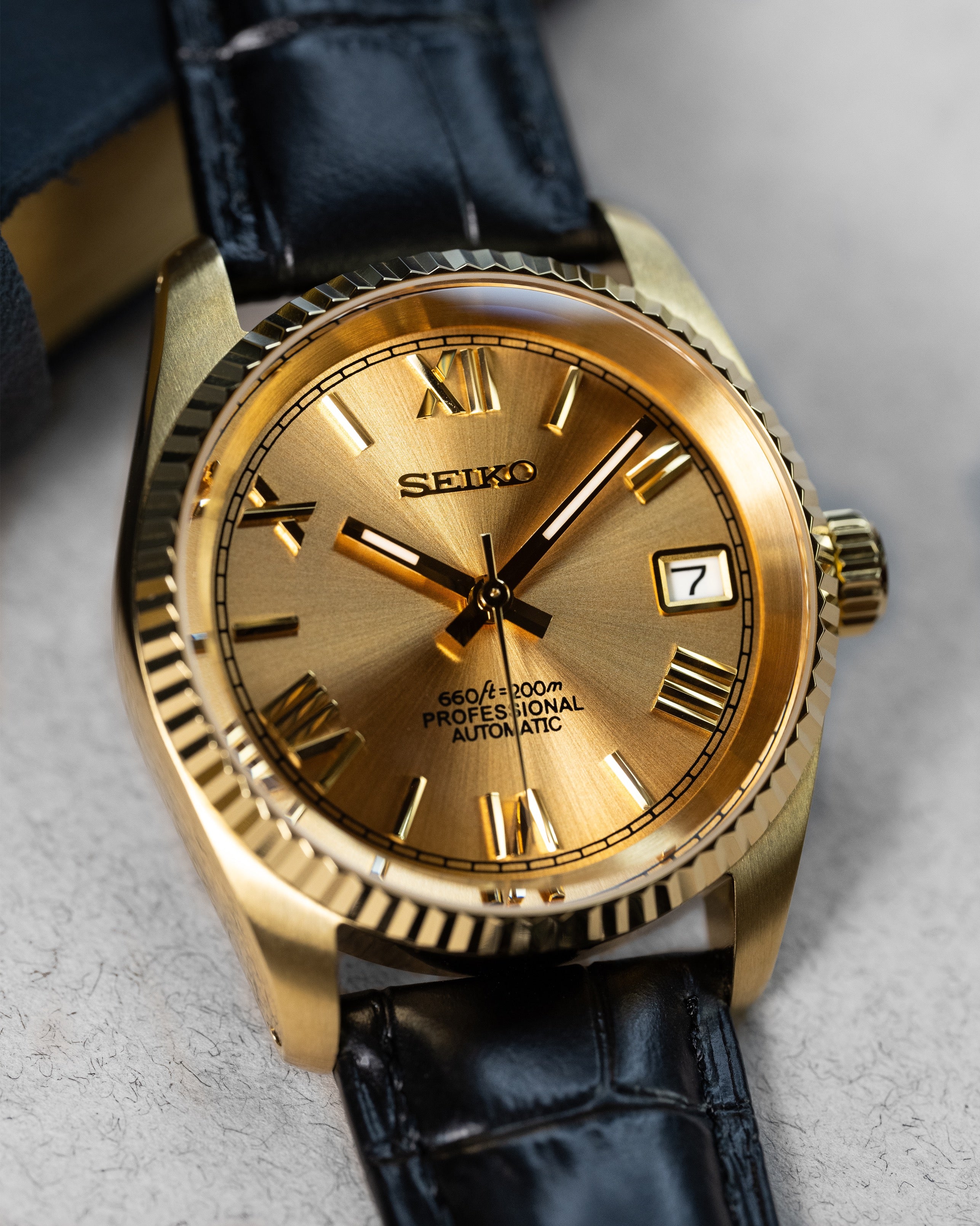 Custom Datejust Seiko – Mod Full Gold Dial Roman Numerals With Embossed Alligator Crocodile Leather Strap4