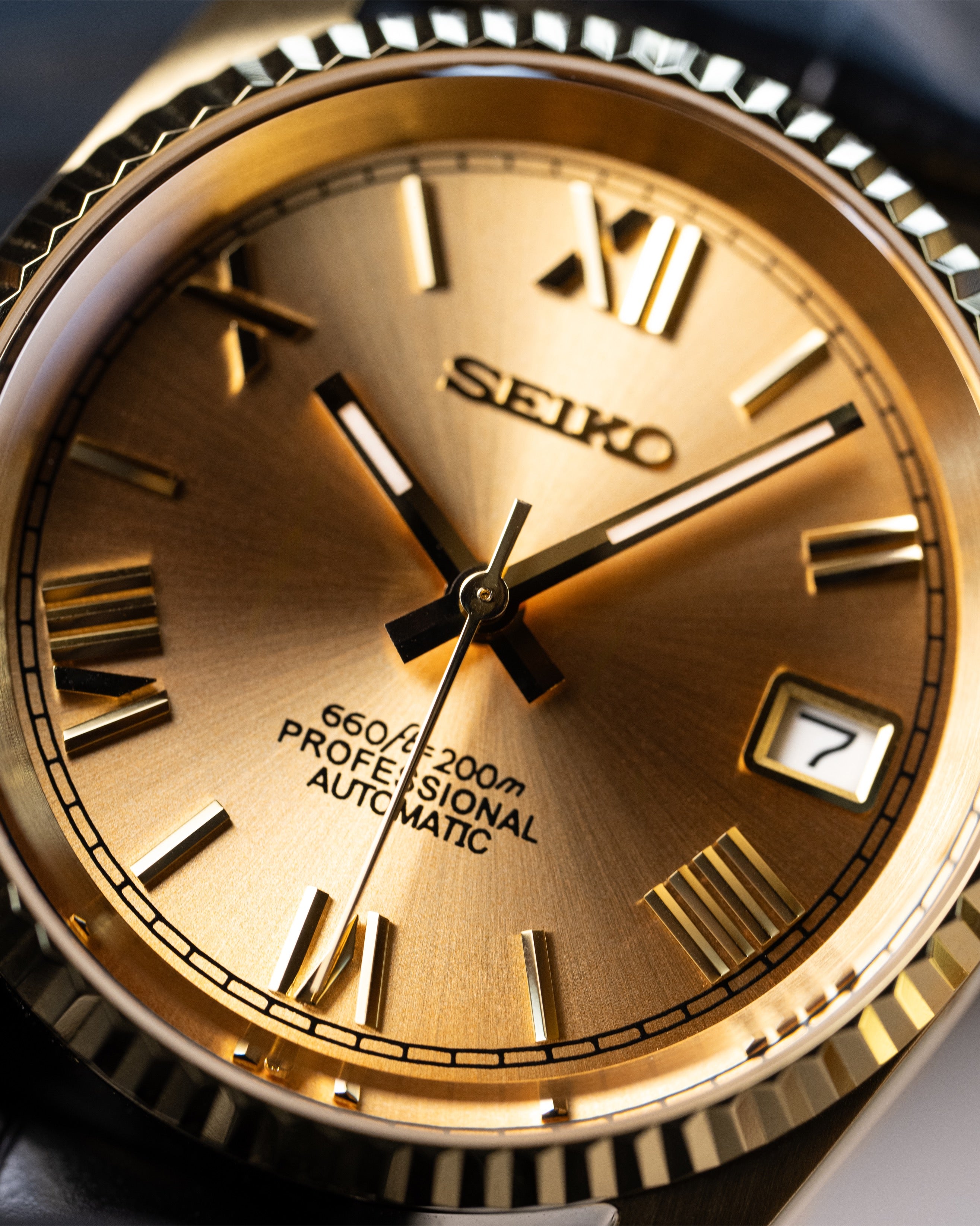 Custom Datejust Seiko – Mod Full Gold Dial Roman Numerals With Embossed Alligator Crocodile Leather Strap8