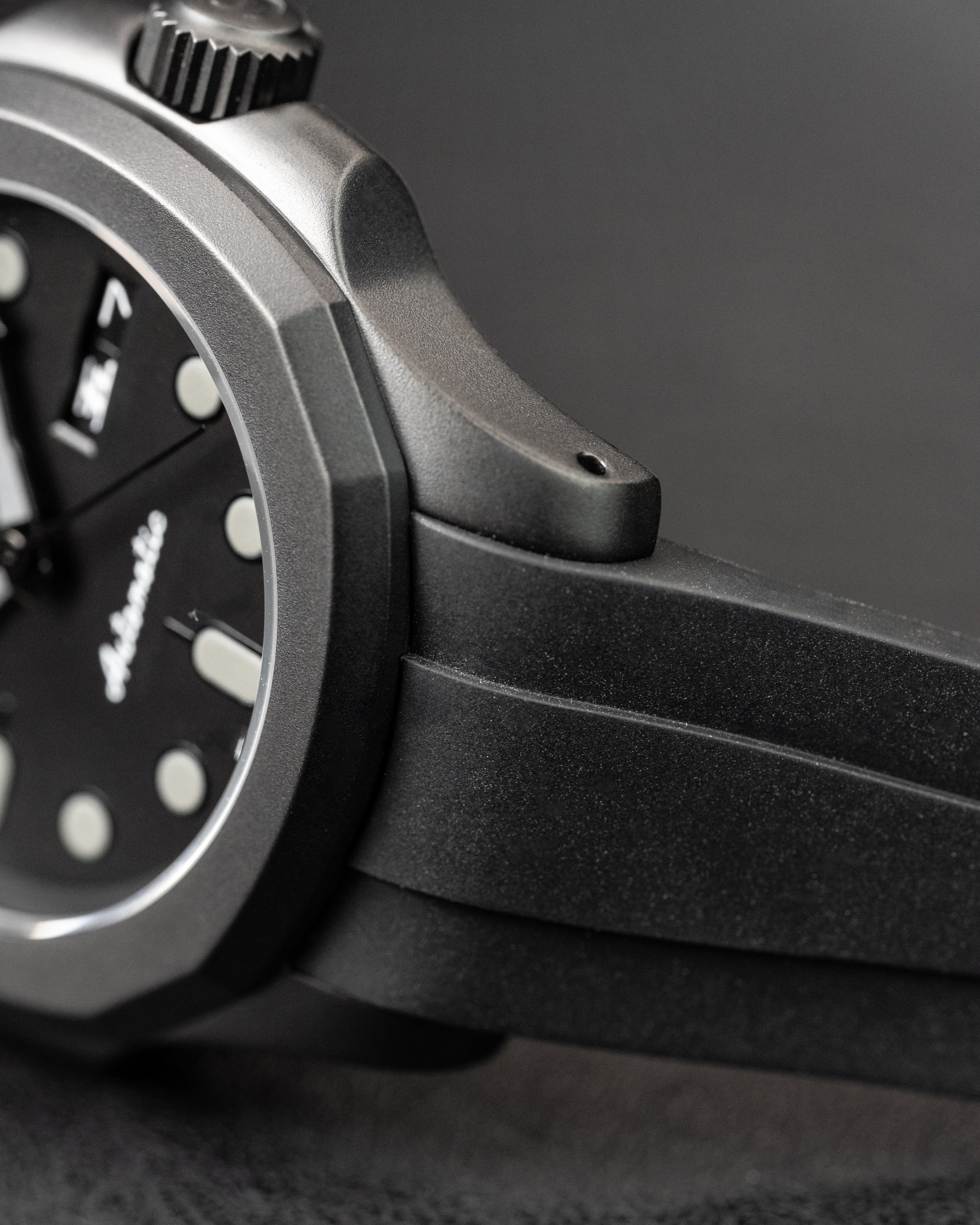 Custom Seiko 5 Mod Blackout – Watch With Matte Black Stealth Nautilus Case Black Dial With Bold Lume Markers Arrow Handset And Black Rubber Strap