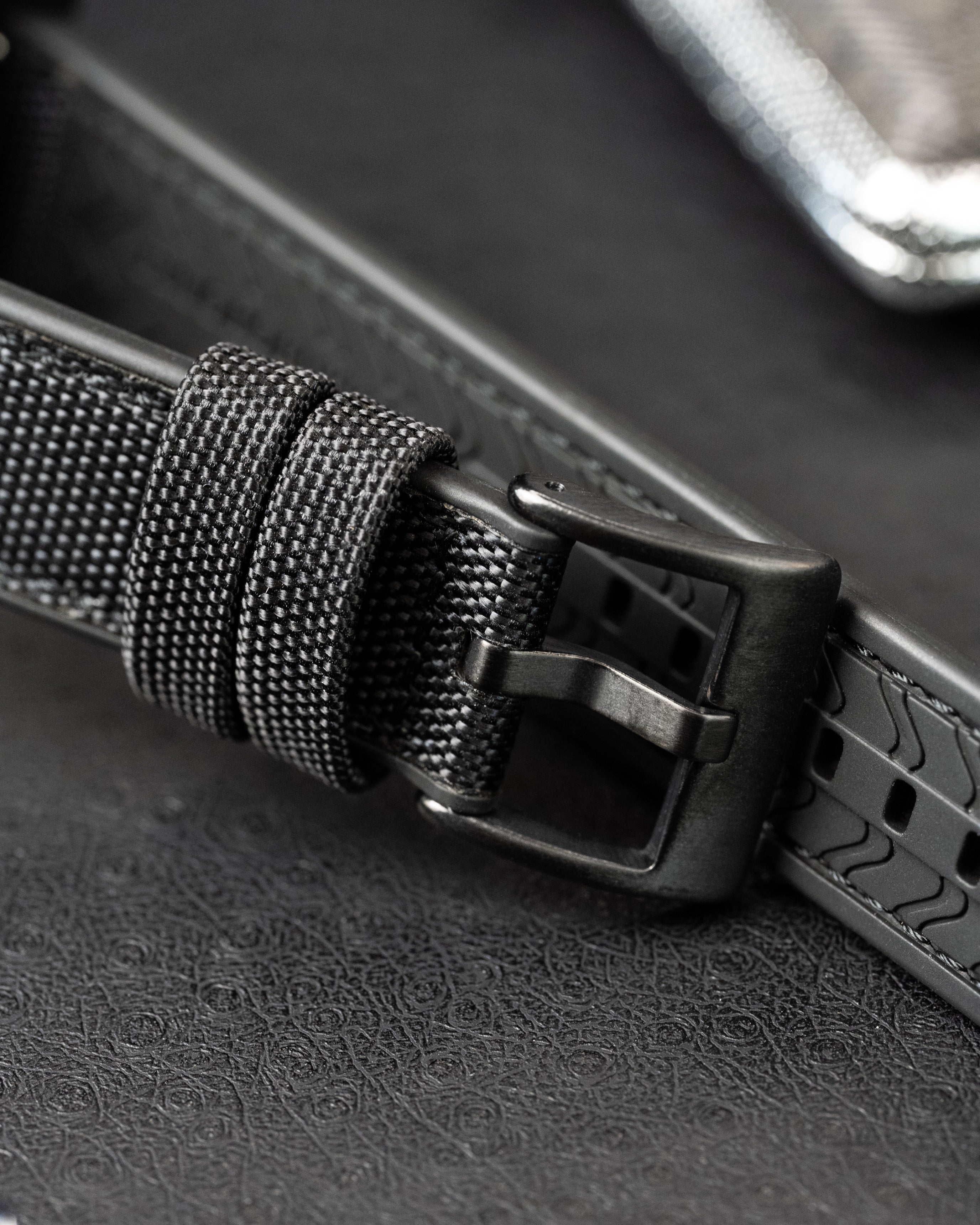 Custom Seiko 5 Mod Blackout – Watch With Matte Black Stealth Nautilus Case Black Dial With Bold Lume Markers Arrow Handset And Canvas Strap