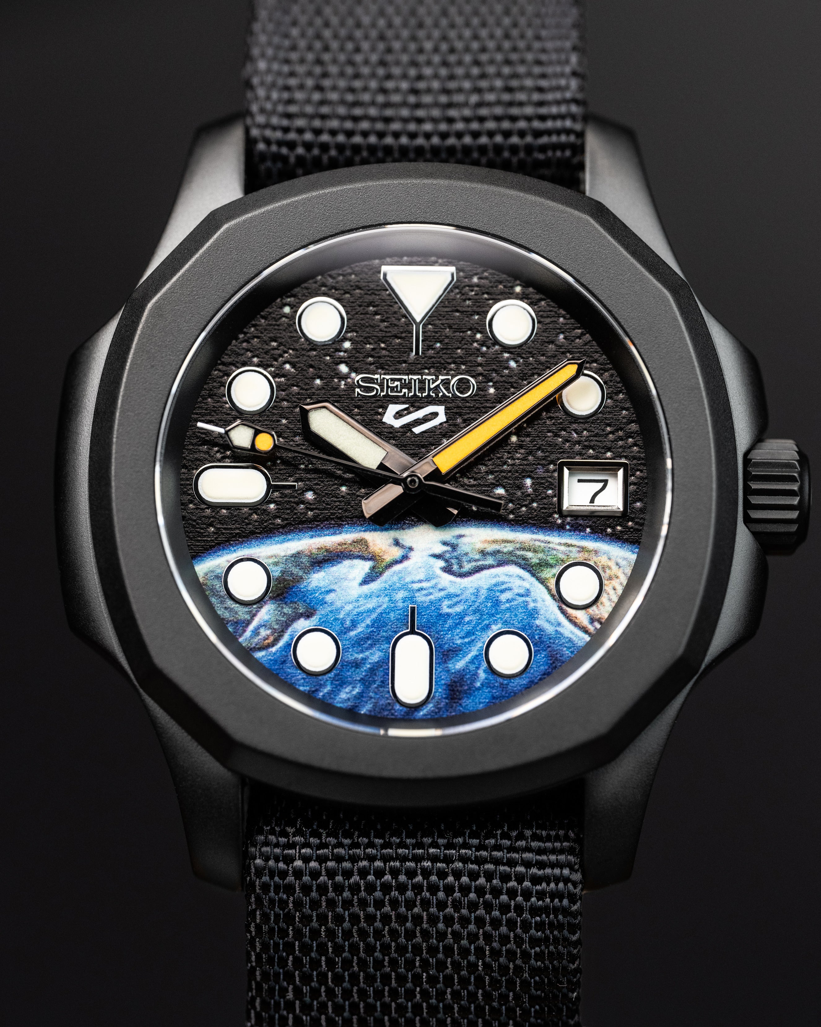 Custom Seiko 5 Mod Watch – Space Inspired Dial With Earth Artwork Matte Black Nautilus Case Orange-Accented Hands And Black Nato Strap
