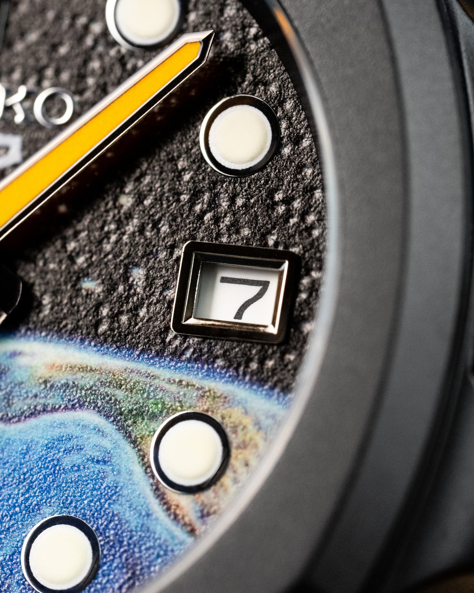 Custom Seiko 5 Mod Watch – Space Inspired Dial With Earth Artwork Matte Black Nautilus Case Orange-Accented Hands And Black Nato Strap