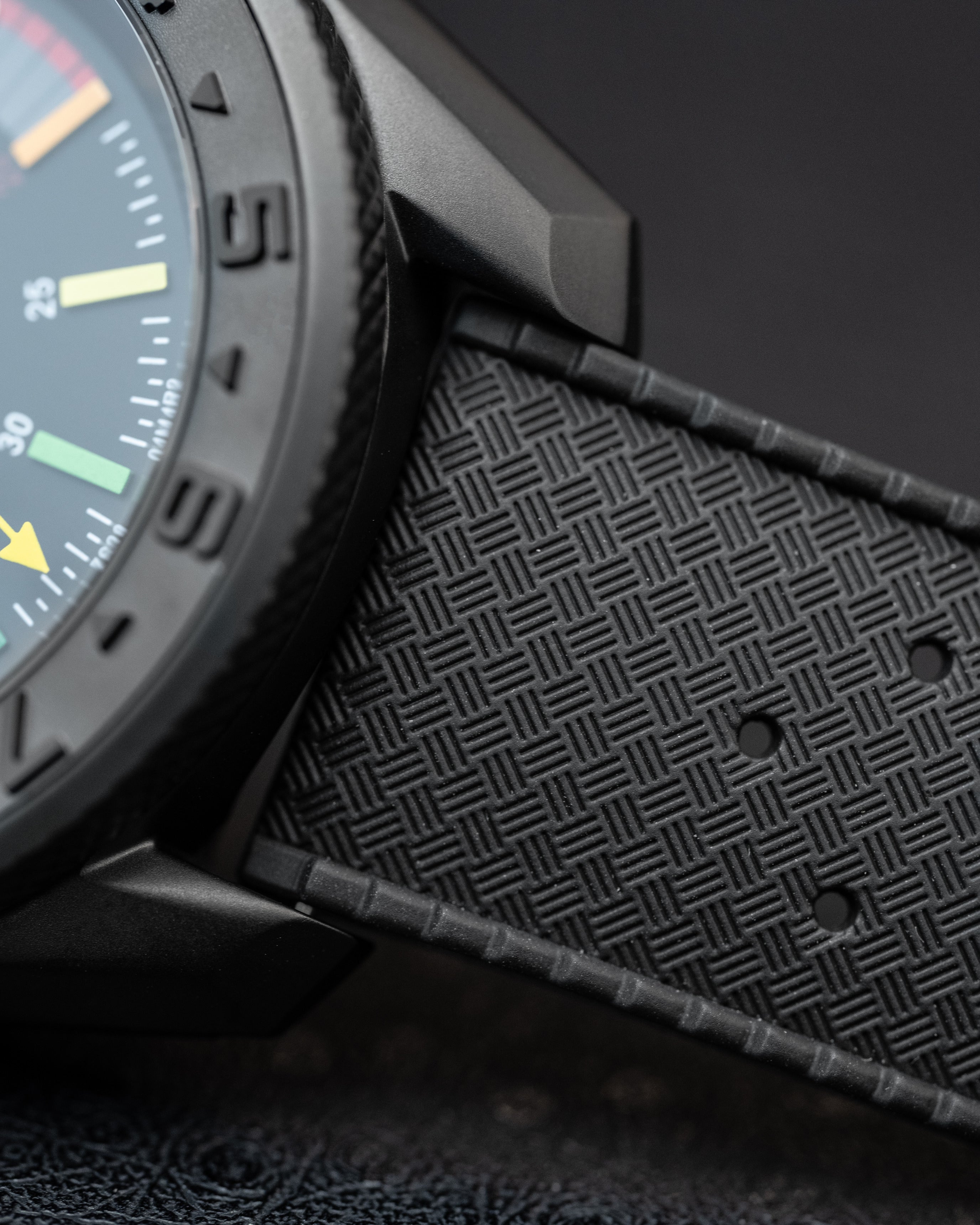 Custom Seiko 5 Mod With – Matte Black MM300 Case Multicolor Rainbow Racing Dial Yellow Lightning Seconds Hand Tropic Black Strap