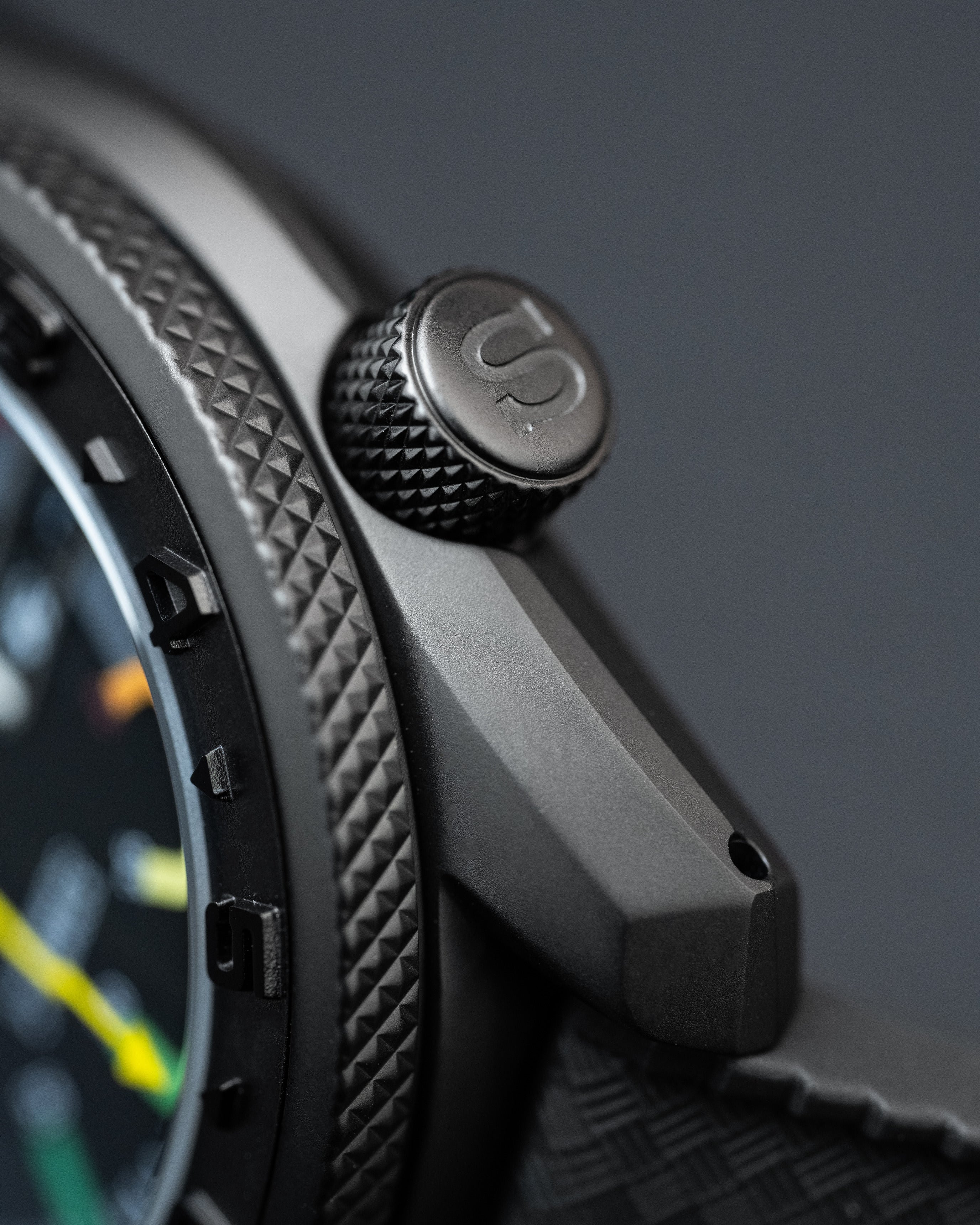 Custom Seiko 5 Mod With – Matte Black MM300 Case Multicolor Rainbow Racing Dial Yellow Lightning Seconds Hand Tropic Black Strap