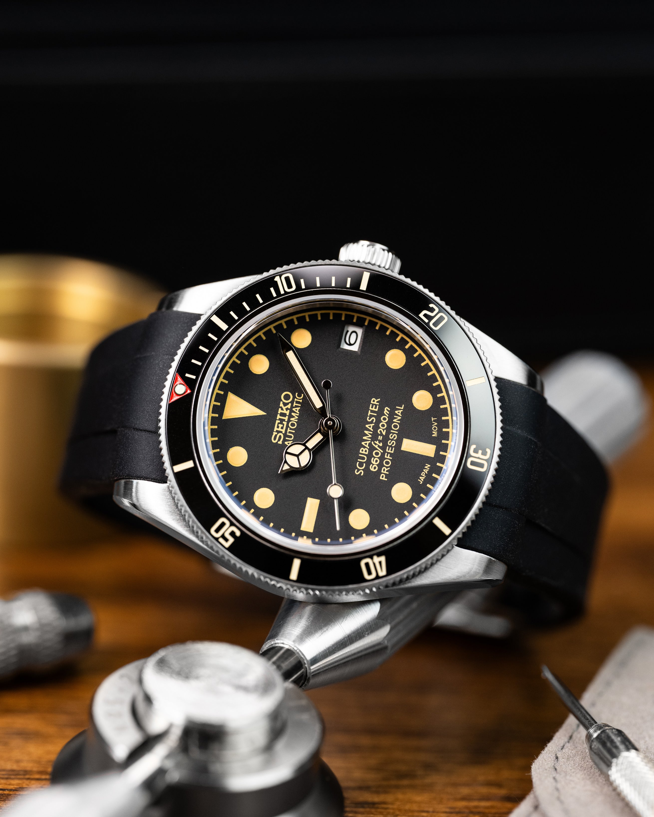 Custom Seiko Black Bay 58 Scubamaster Mod With Vintage Gilt Dial Black Bezel And Patina Indices Black Rubber Strap