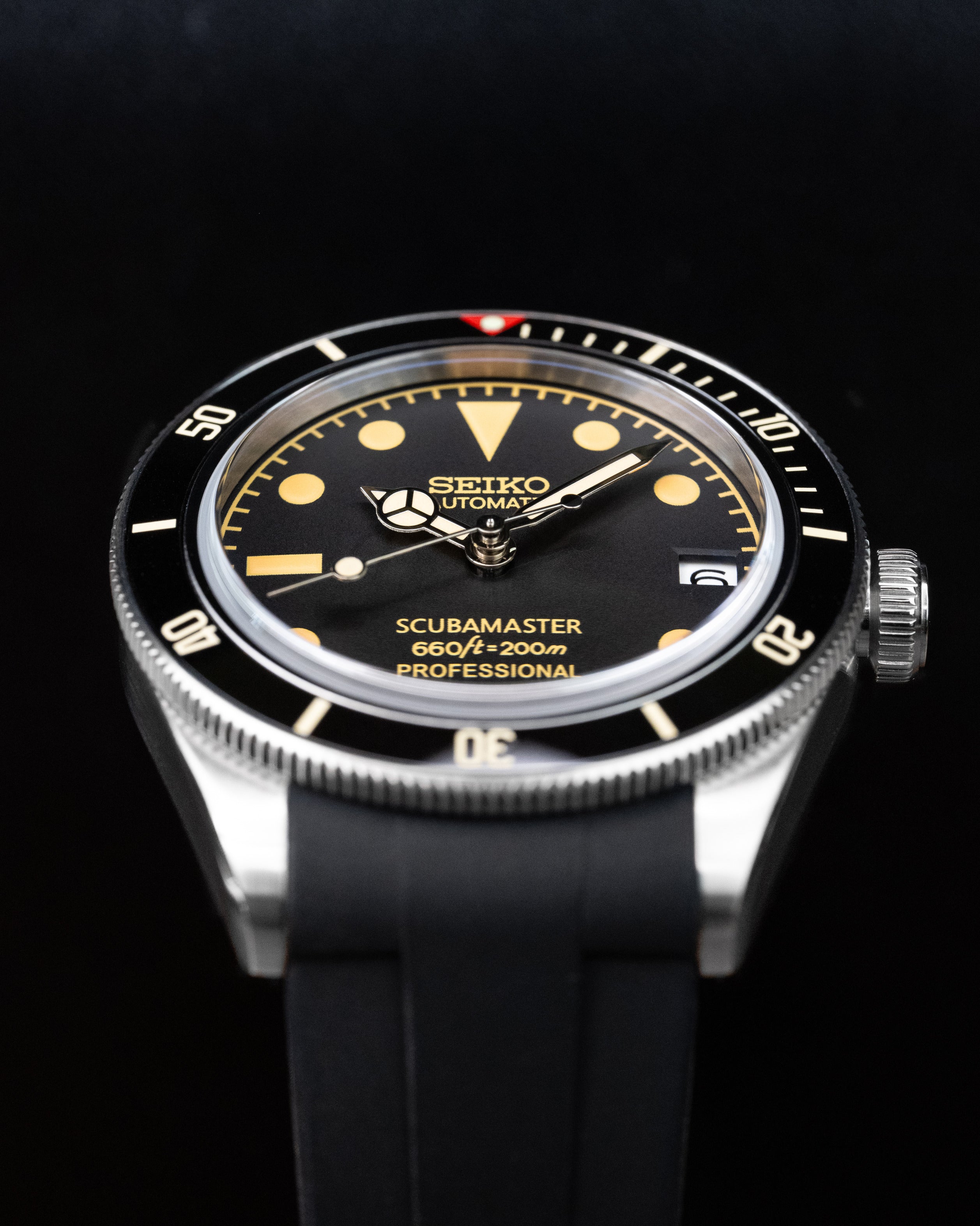 Custom Seiko Black Bay 58 Scubamaster Mod With Vintage Gilt Dial Black Bezel And Patina Indices Black Rubber Strap