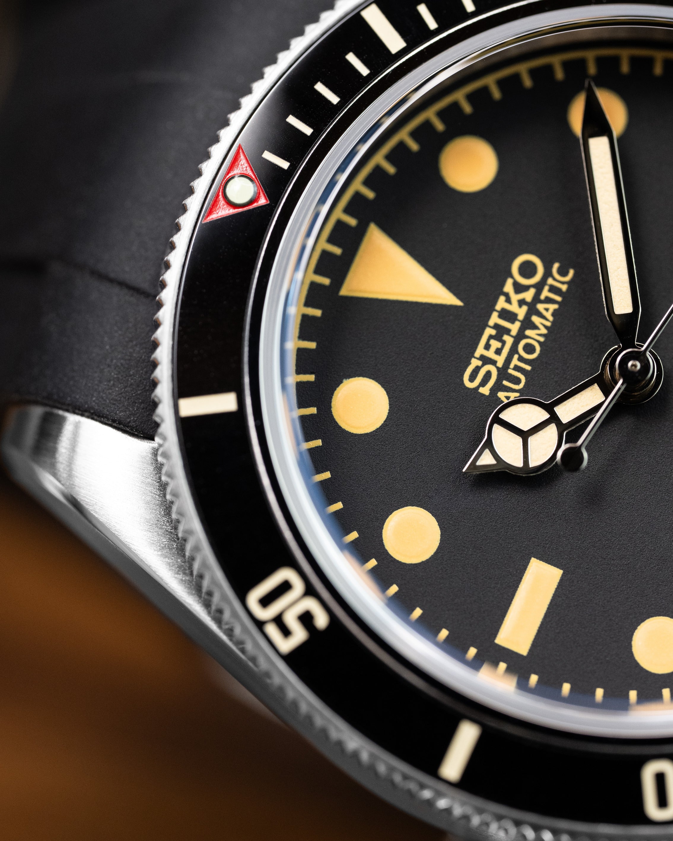 Custom Seiko Black Bay 58 Scubamaster Mod With Vintage Gilt Dial Black Bezel And Patina Indices Black Rubber Strap
