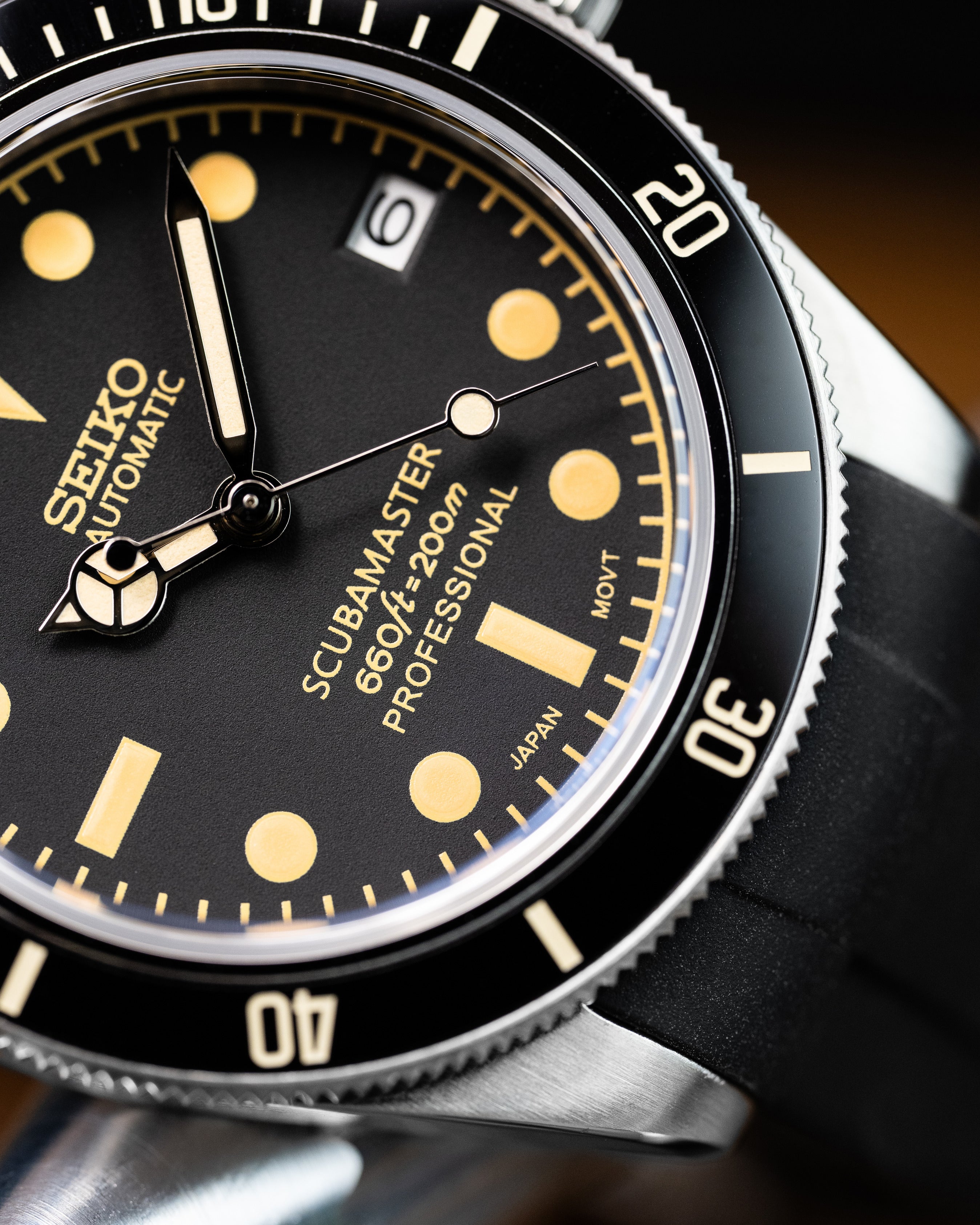 Custom Seiko Black Bay 58 Scubamaster Mod With Vintage Gilt Dial Black Bezel And Patina Indices Black Rubber Strap