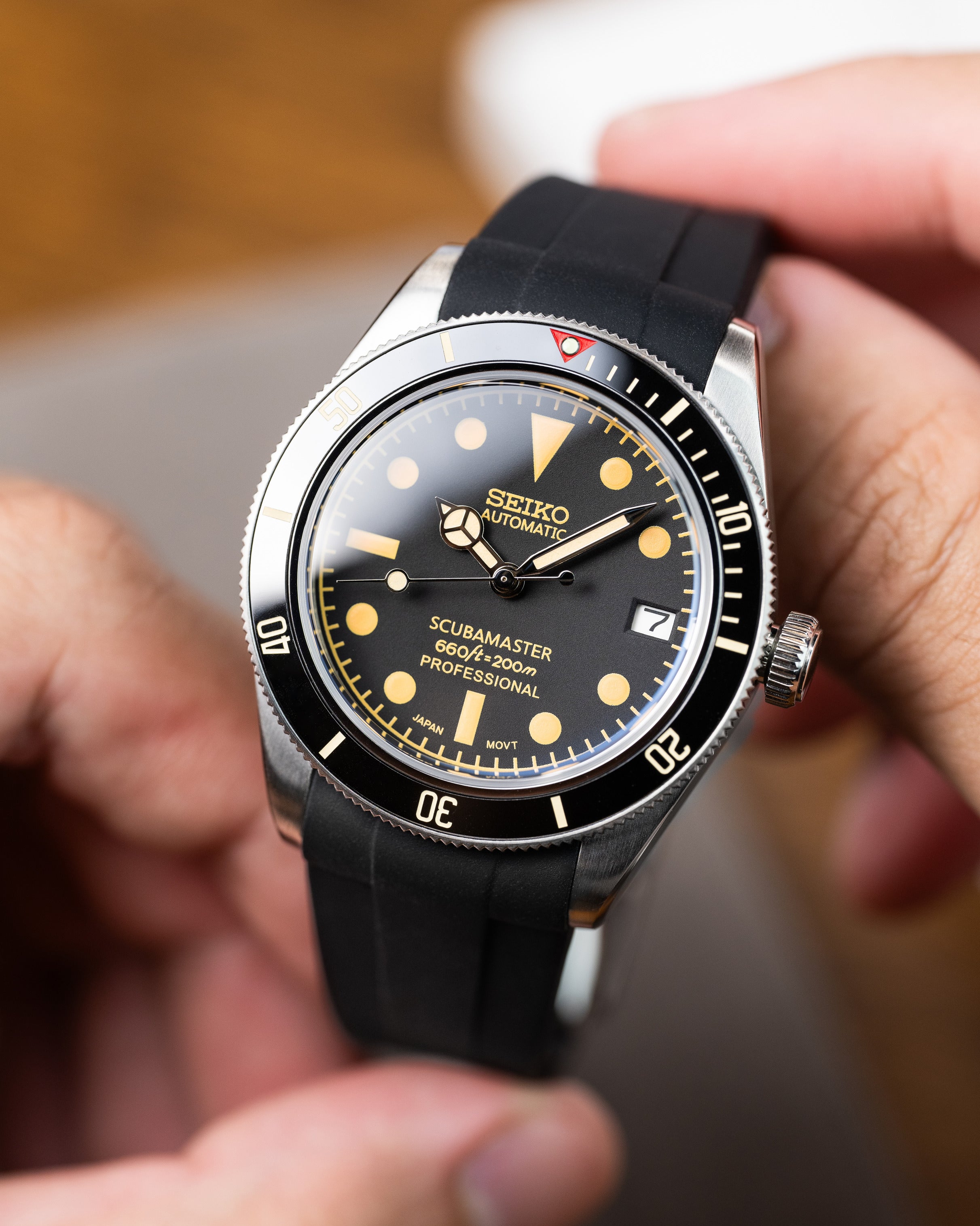 Custom Seiko Black Bay 58 Scubamaster Mod With Vintage Gilt Dial Black Bezel And Patina Indices Black Rubber Strap