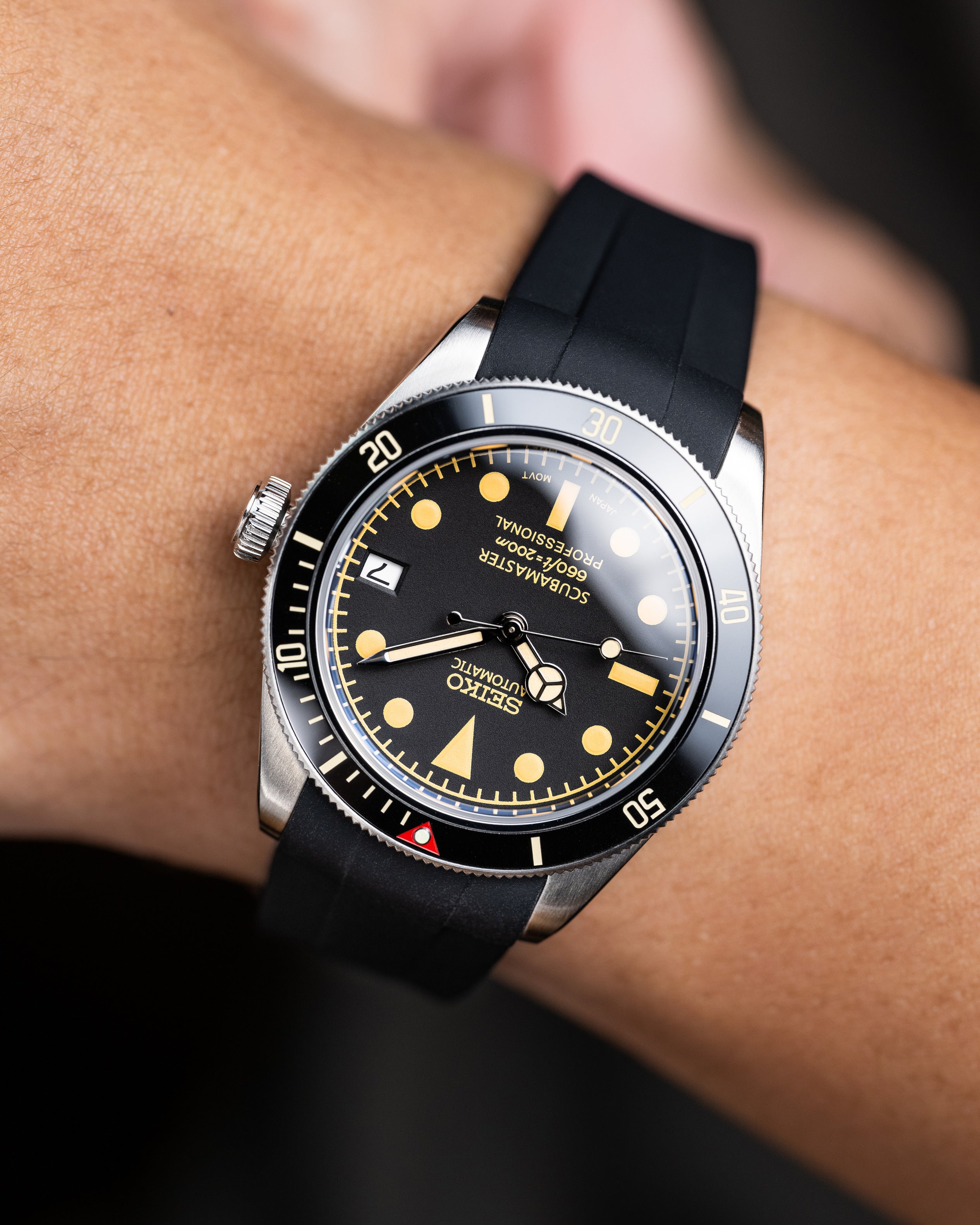 Custom Seiko Black Bay 58 Scubamaster Mod With Vintage Gilt Dial Black Bezel And Patina Indices Black Rubber Strap