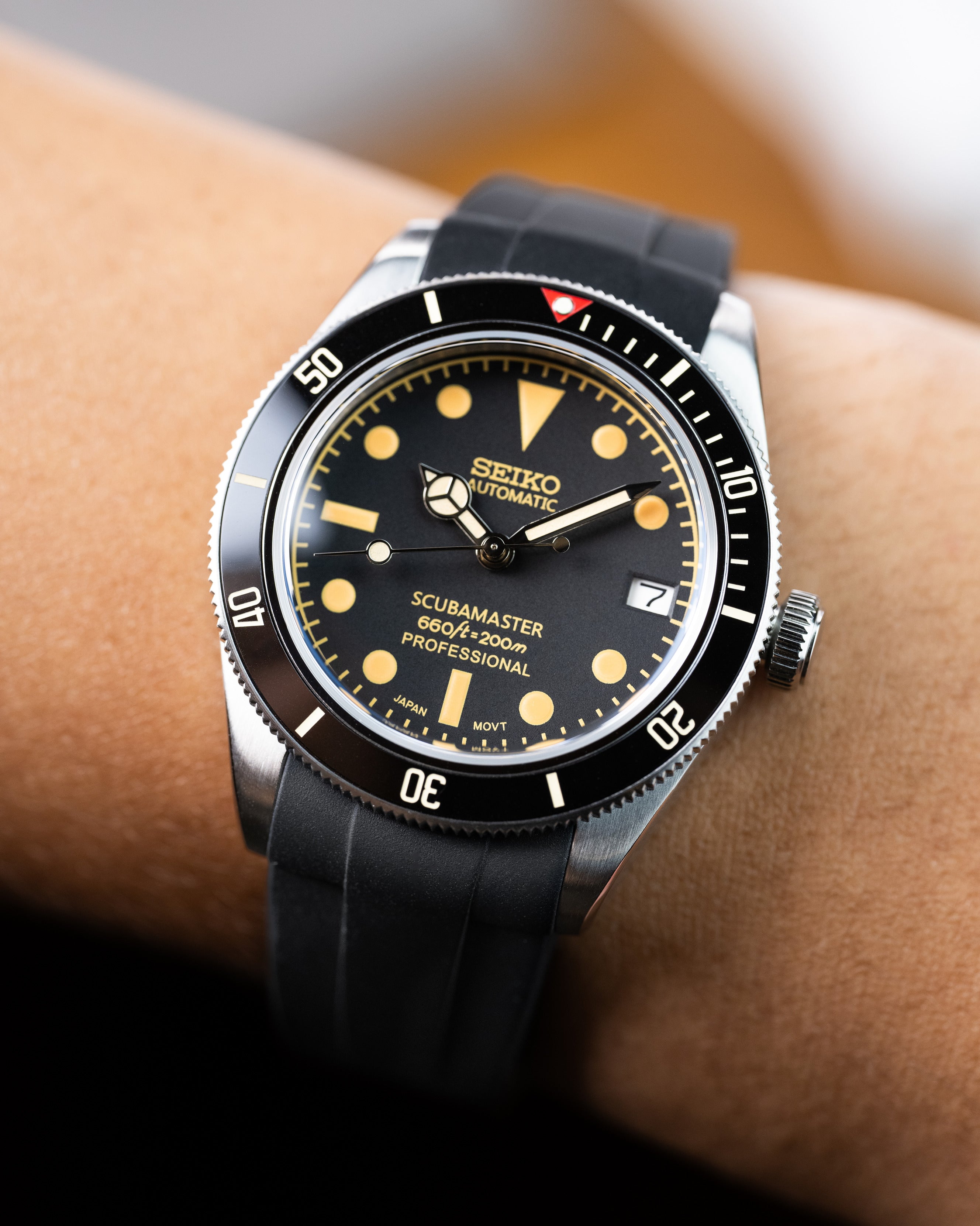Custom Seiko Black Bay 58 Scubamaster Mod With Vintage Gilt Dial Black Bezel And Patina Indices Black Rubber Strap