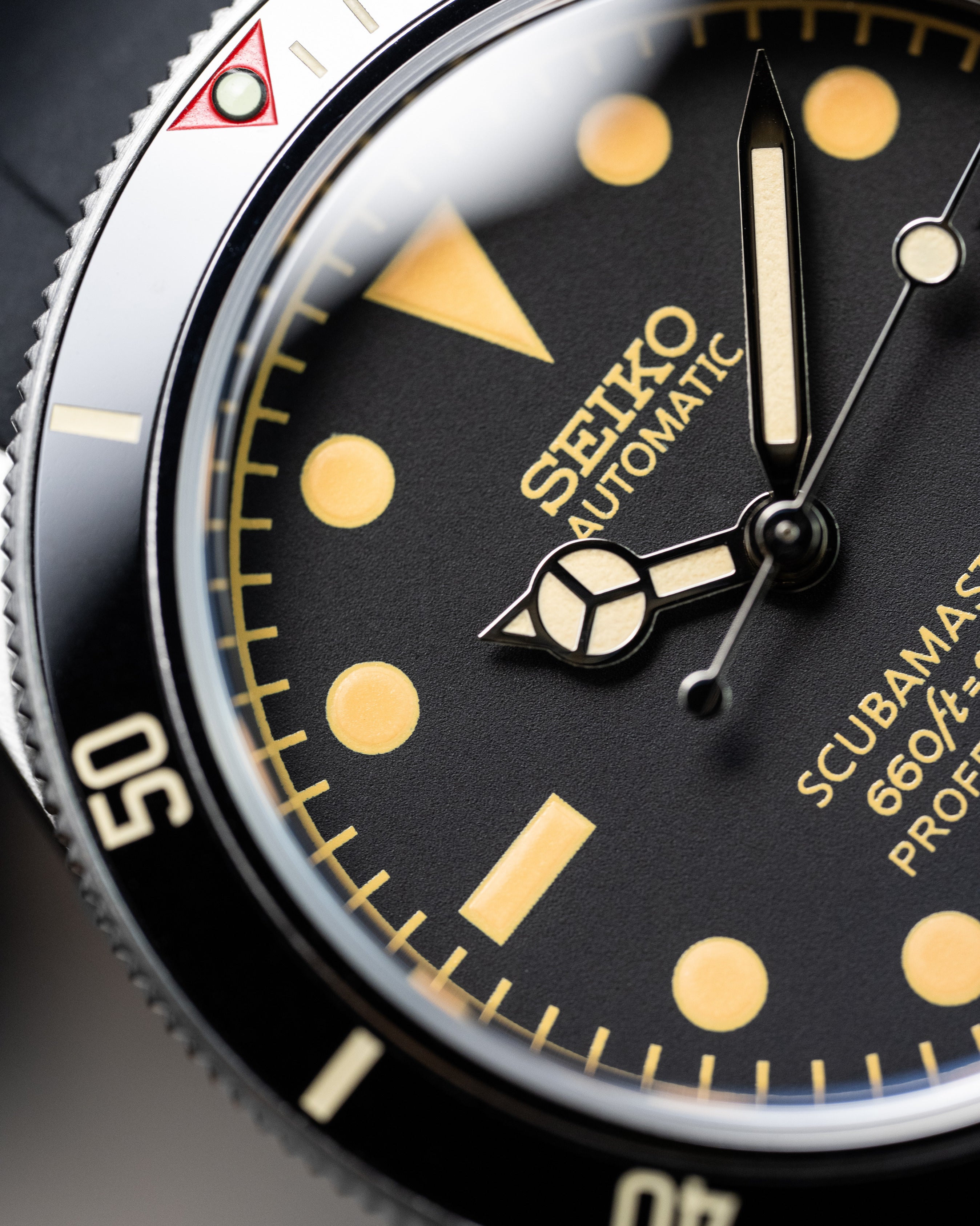 Custom Seiko Black Bay 58 Scubamaster Mod With Vintage Gilt Dial Black Bezel And Patina Indices Black Rubber Strap
