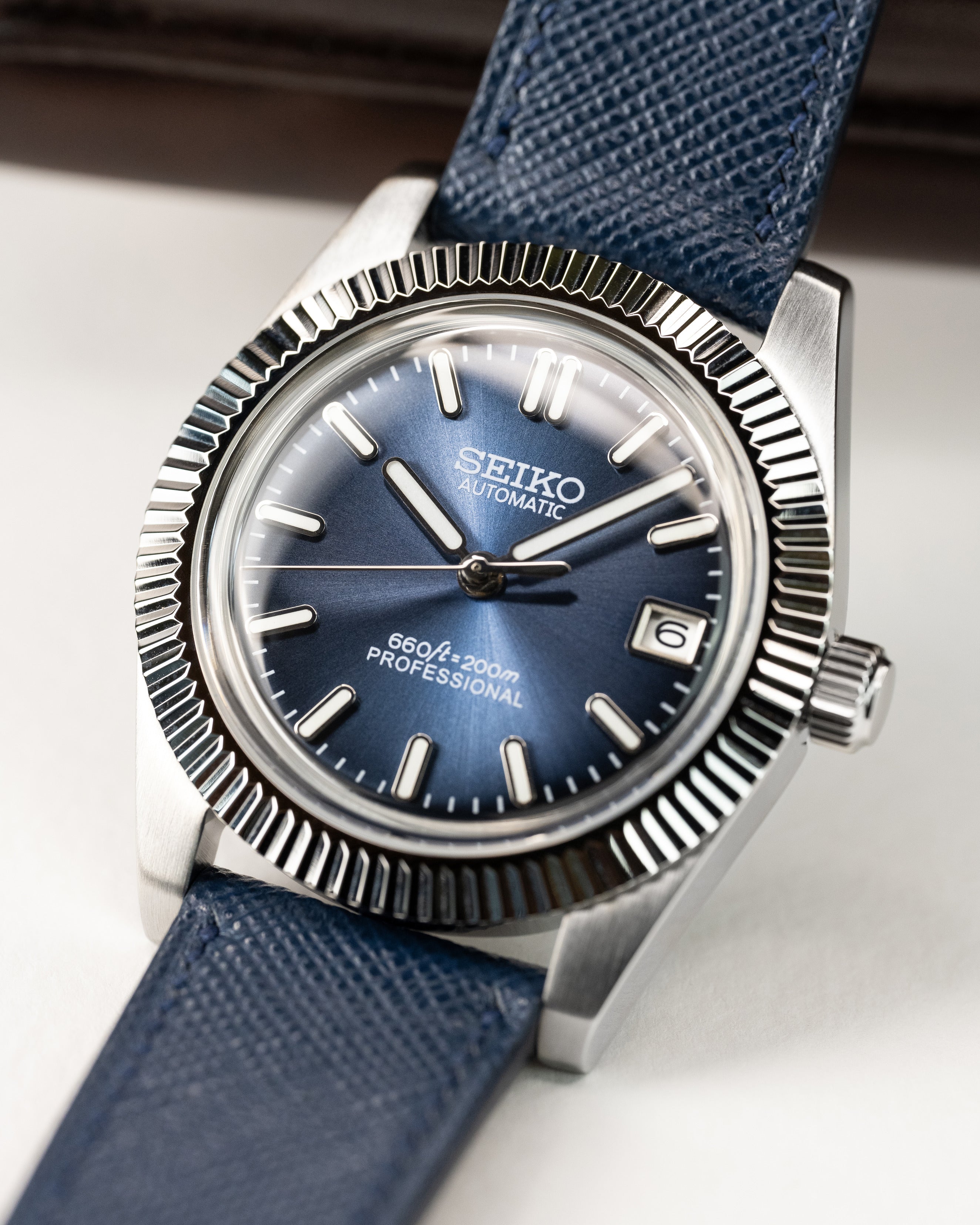 Custom Seiko Datejust – Mod With Fluted Bezel Navy Blue Sunburst Dial And Custom Saffiano Leather Strap8