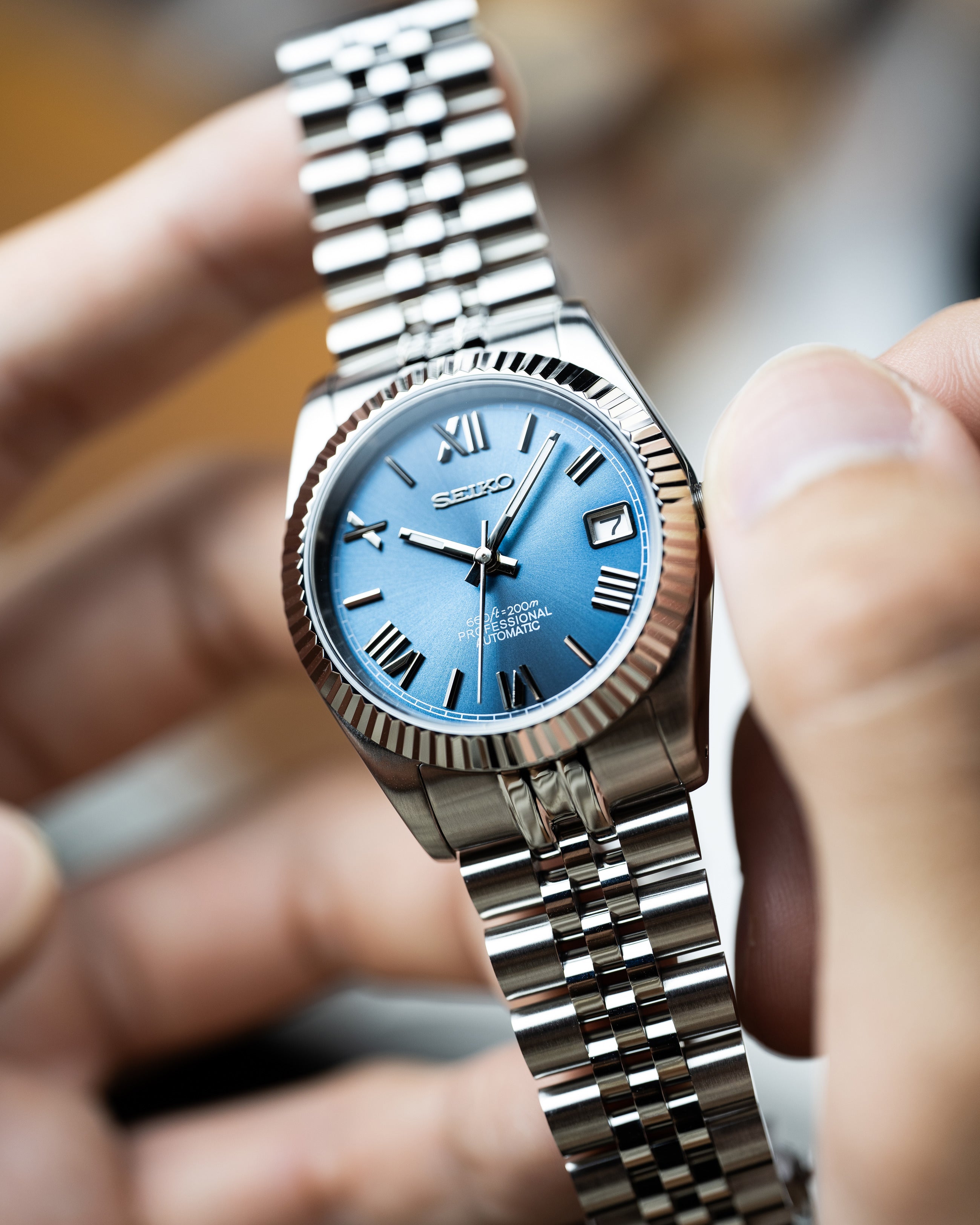 Custom Seiko Datejust – Mod With Ice Blue Roman Numeral Dial Fluted Bezel Jubilee Bracelet And Automatic Movement
