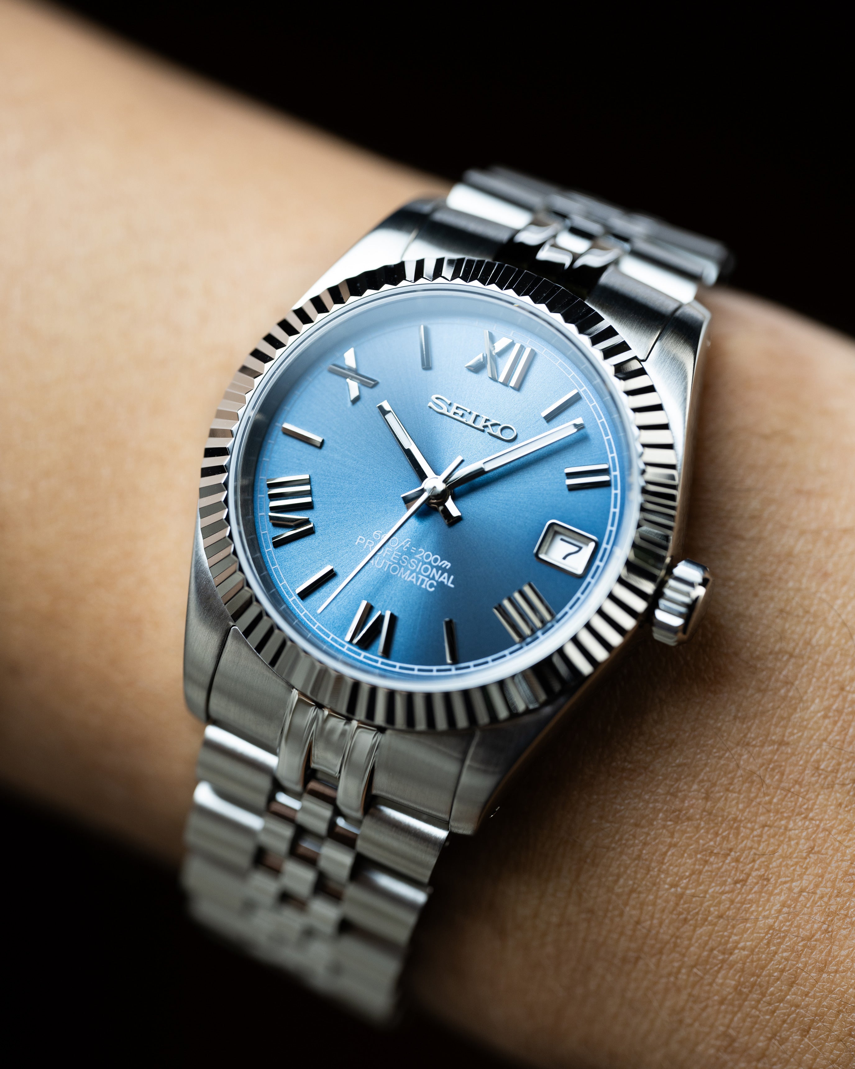 Custom Seiko Datejust – Mod With Ice Blue Roman Numeral Dial Fluted Bezel Jubilee Bracelet And Automatic Movement