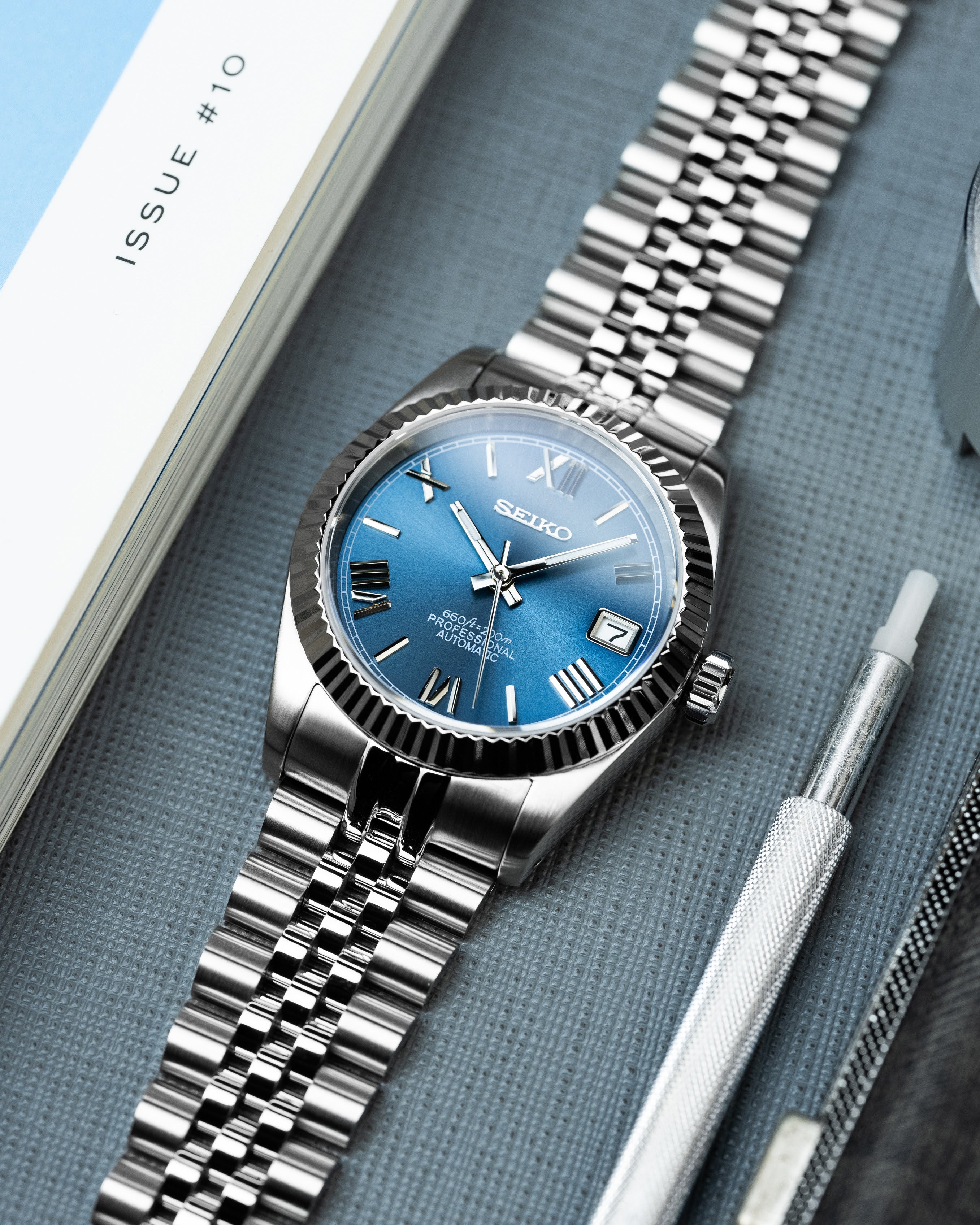 Custom Seiko Datejust – Mod With Ice Blue Roman Numeral Dial Fluted Bezel Jubilee Bracelet And Automatic Movement