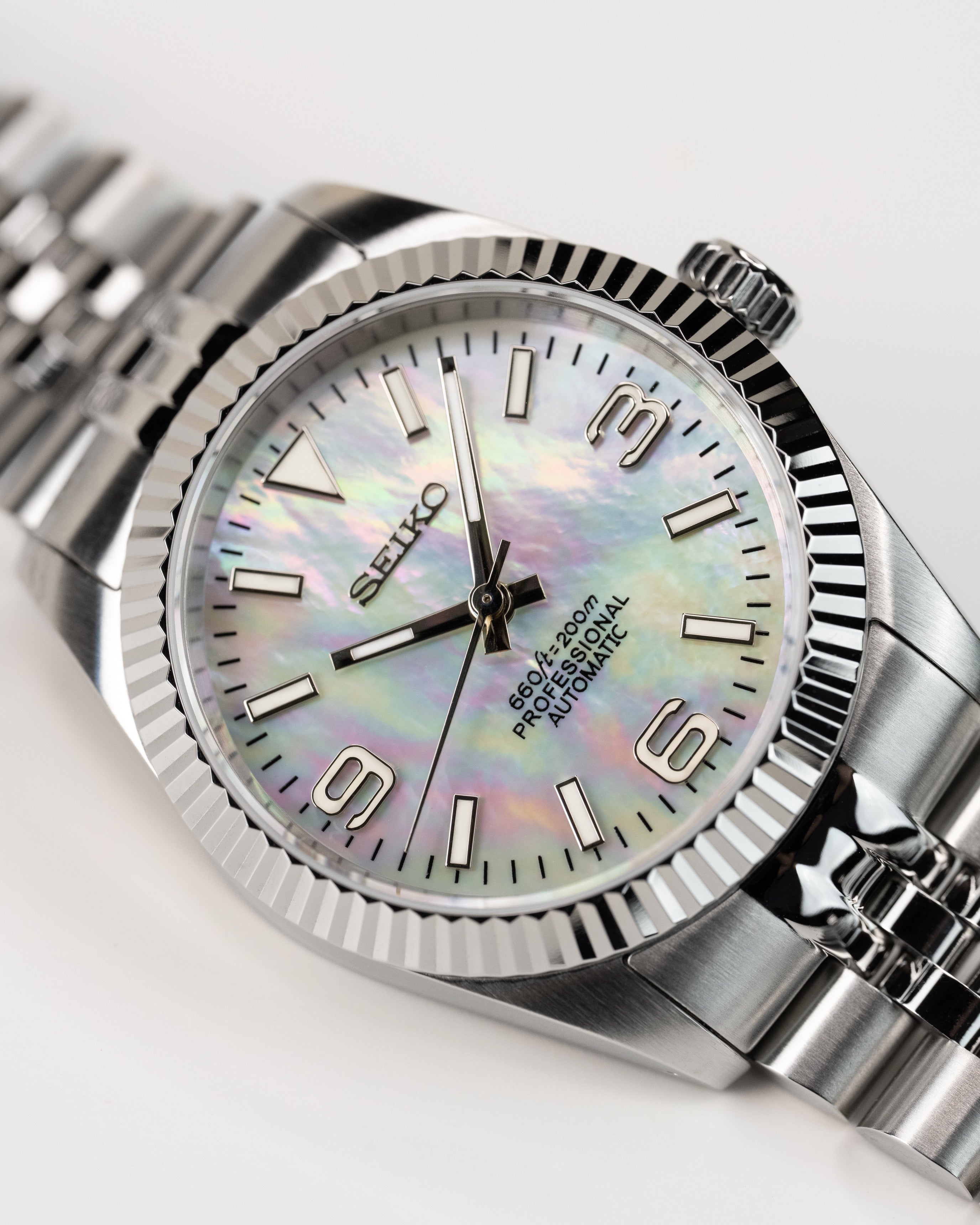 Custom Seiko Datejust – Mod With Iridescent Mother-Of-Pearl Dial Fluted Bezel And Jubilee Bracelet6