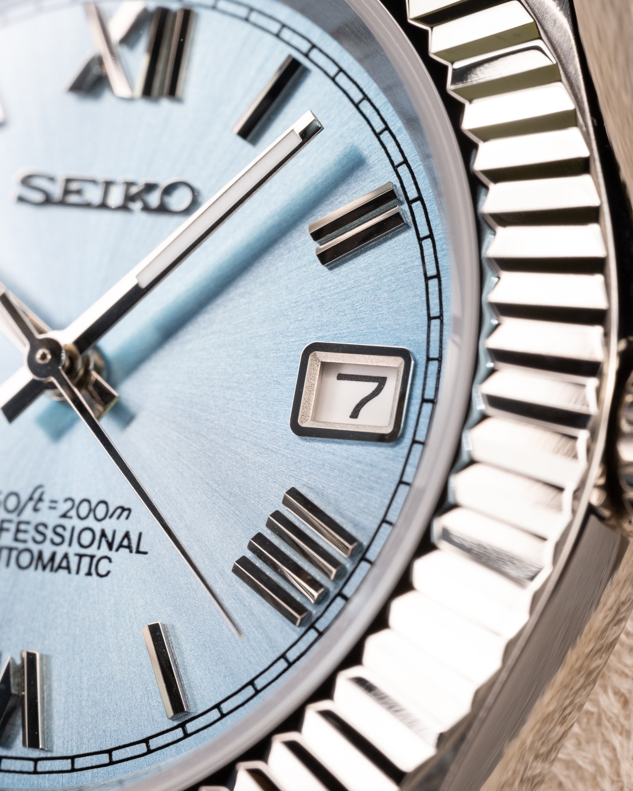Custom Seiko Datejust – Mod Roman Numerals Fluted Bezel Sky Blue Dial Epsom Grey Leather Strap7