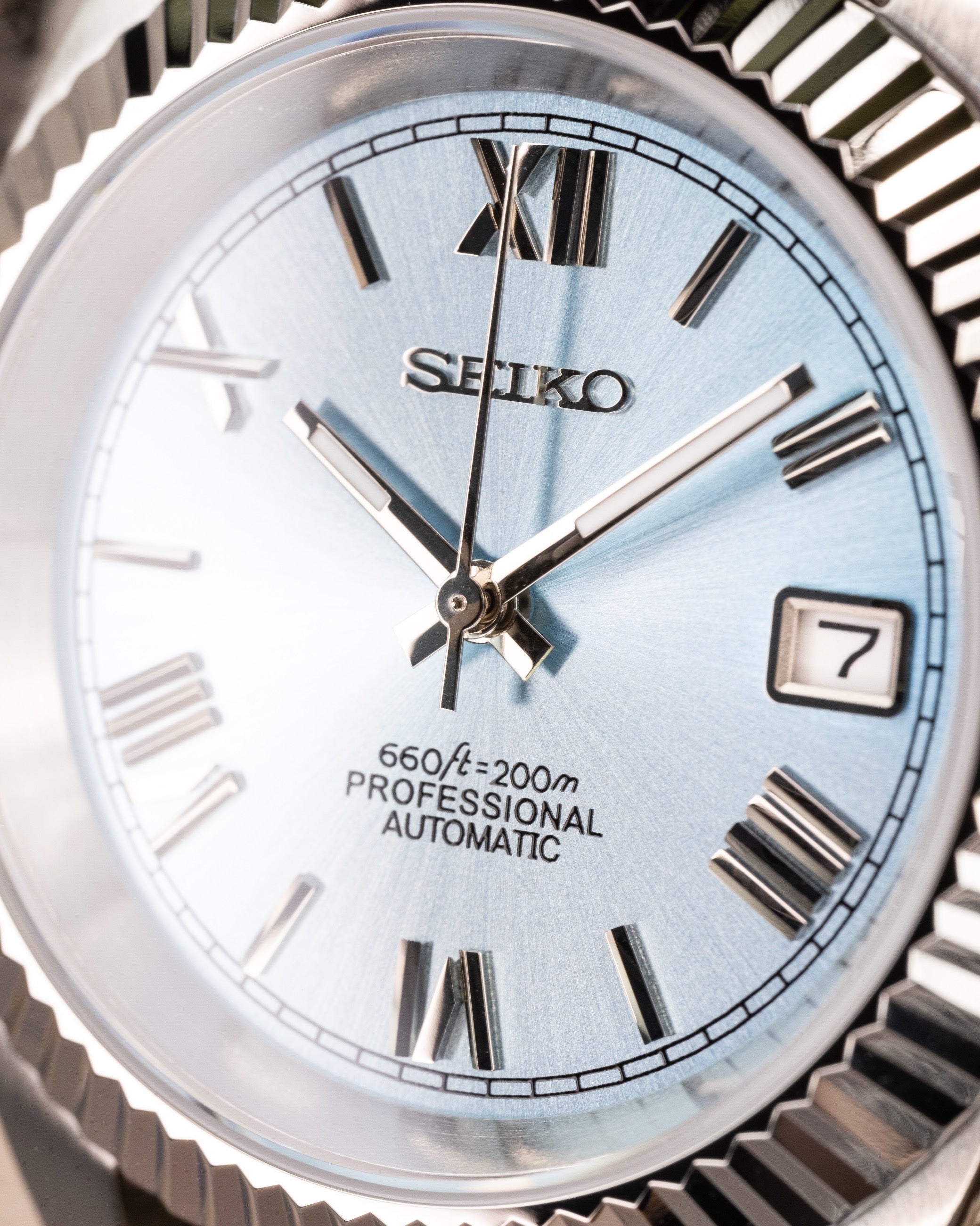 Custom Seiko Datejust – Mod Roman Numerals Fluted Bezel Sky Blue Dial Epsom Grey Leather Strap8
