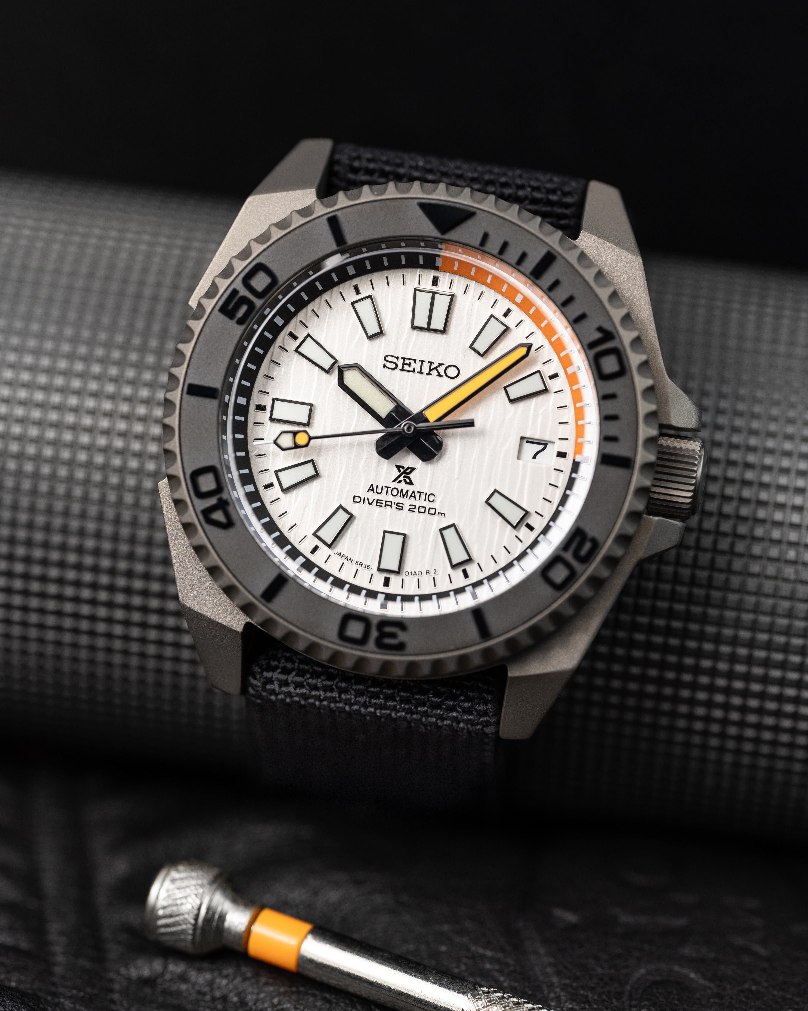 Custom Seiko Diver – Mod With Titanium Samurai Case White Birch Texture Dial Black And Orange Minute Track Chapter Ring Orange Tipped Seconds Hand Black Parachute Strap13