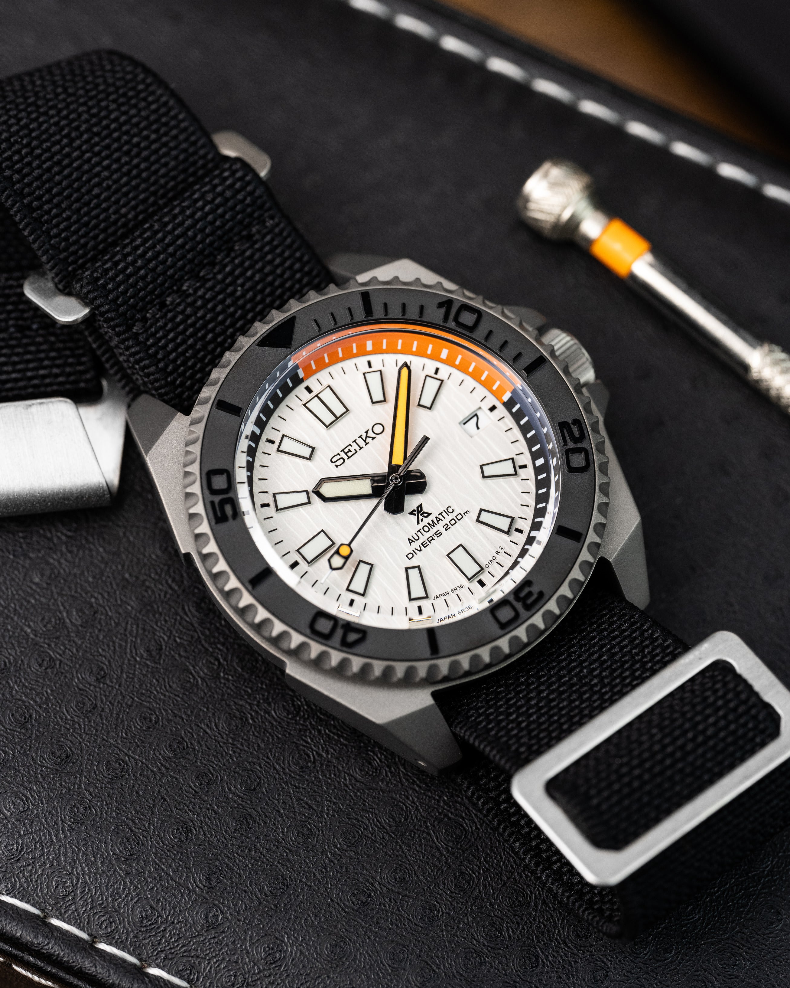 Custom Seiko Diver – Mod With Titanium Samurai Case White Birch Texture Dial Black And Orange Minute Track Chapter Ring Orange Tipped Seconds Hand Black Parachute Strap15