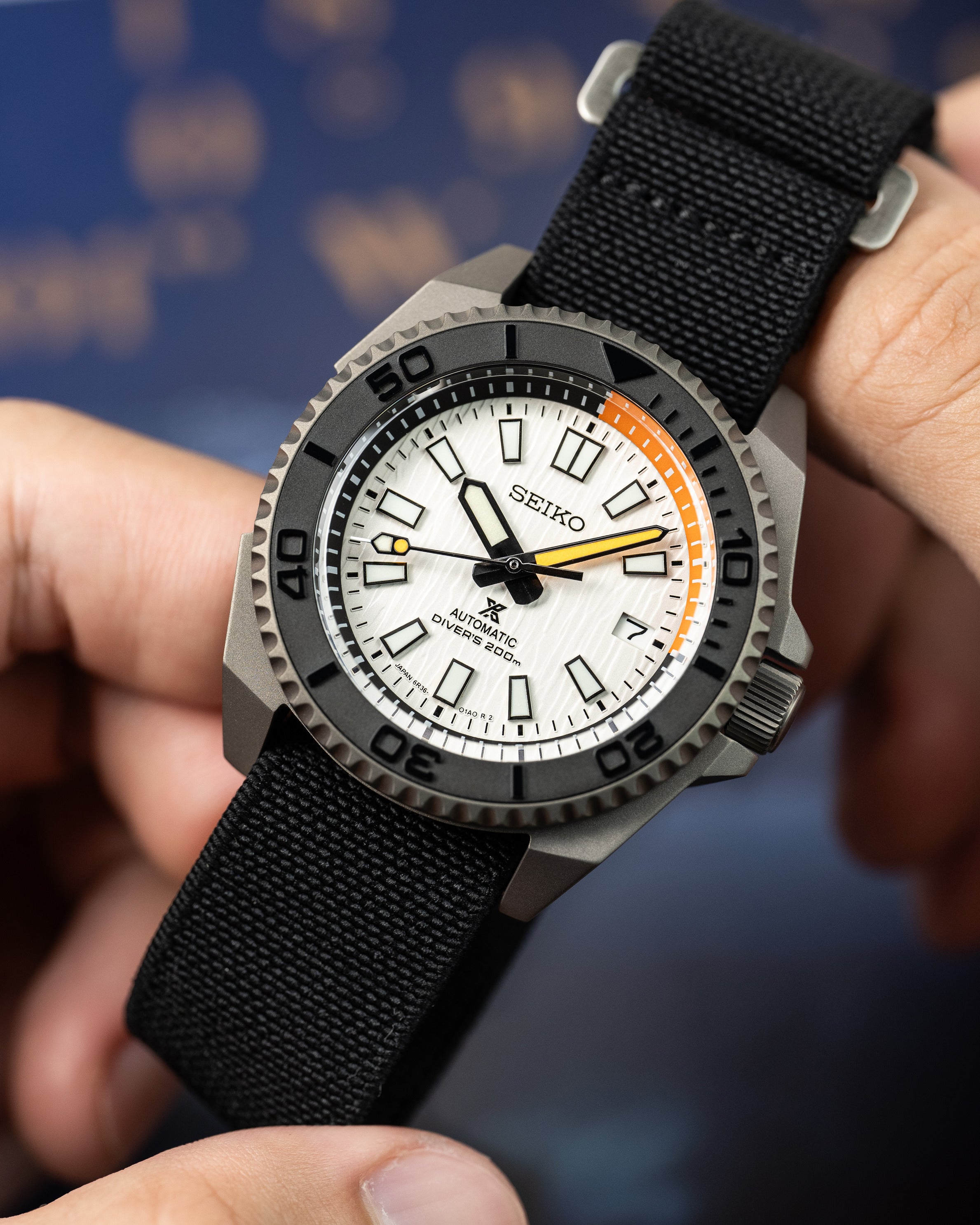 Custom Seiko Diver – Mod With Titanium Samurai Case White Birch Texture Dial Black And Orange Minute Track Chapter Ring Orange Tipped Seconds Hand Black Parachute Strap16