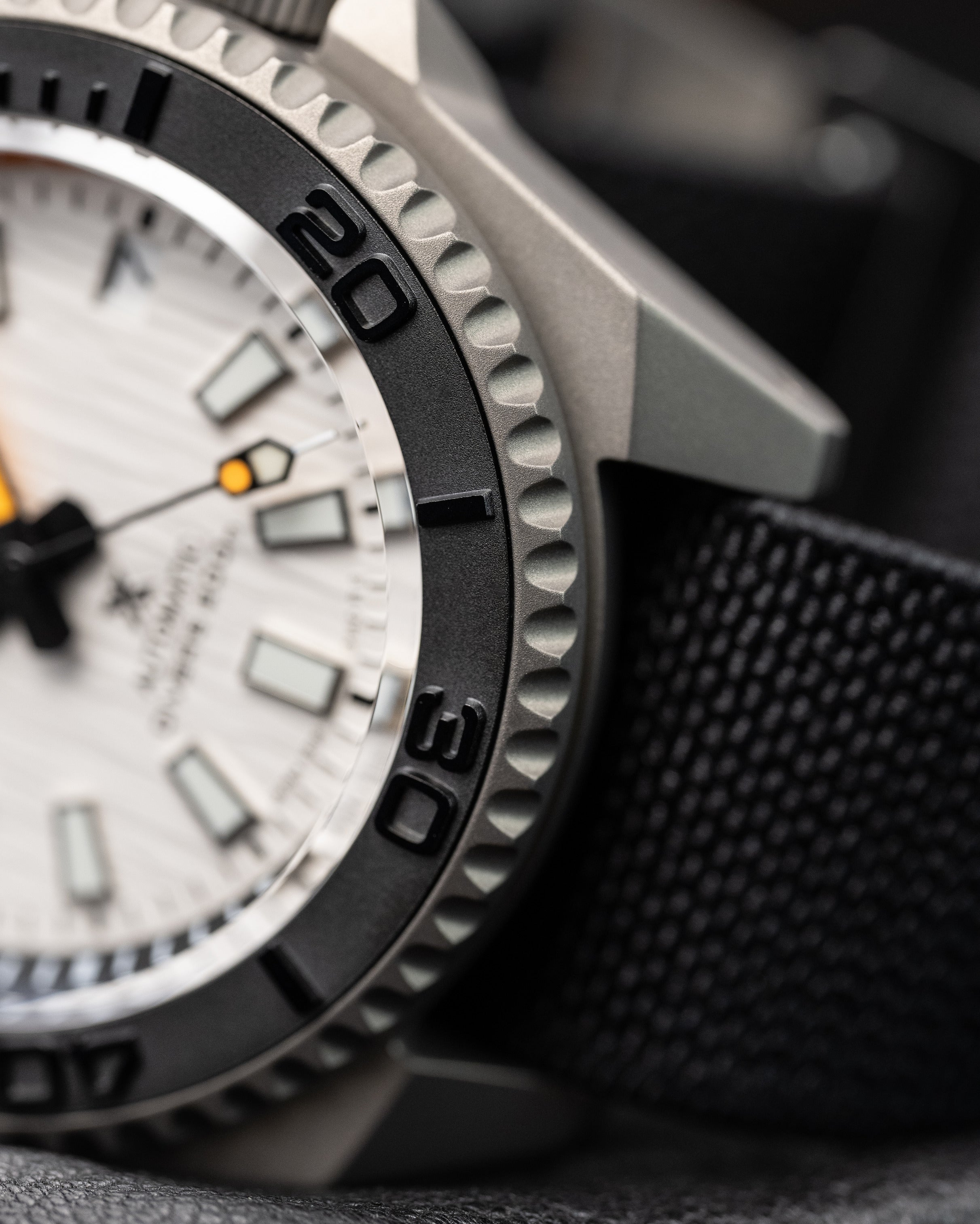 Custom Seiko Diver – Mod With Titanium Samurai Case White Birch Texture Dial Black And Orange Minute Track Chapter Ring Orange Tipped Seconds Hand Black Parachute Strap7