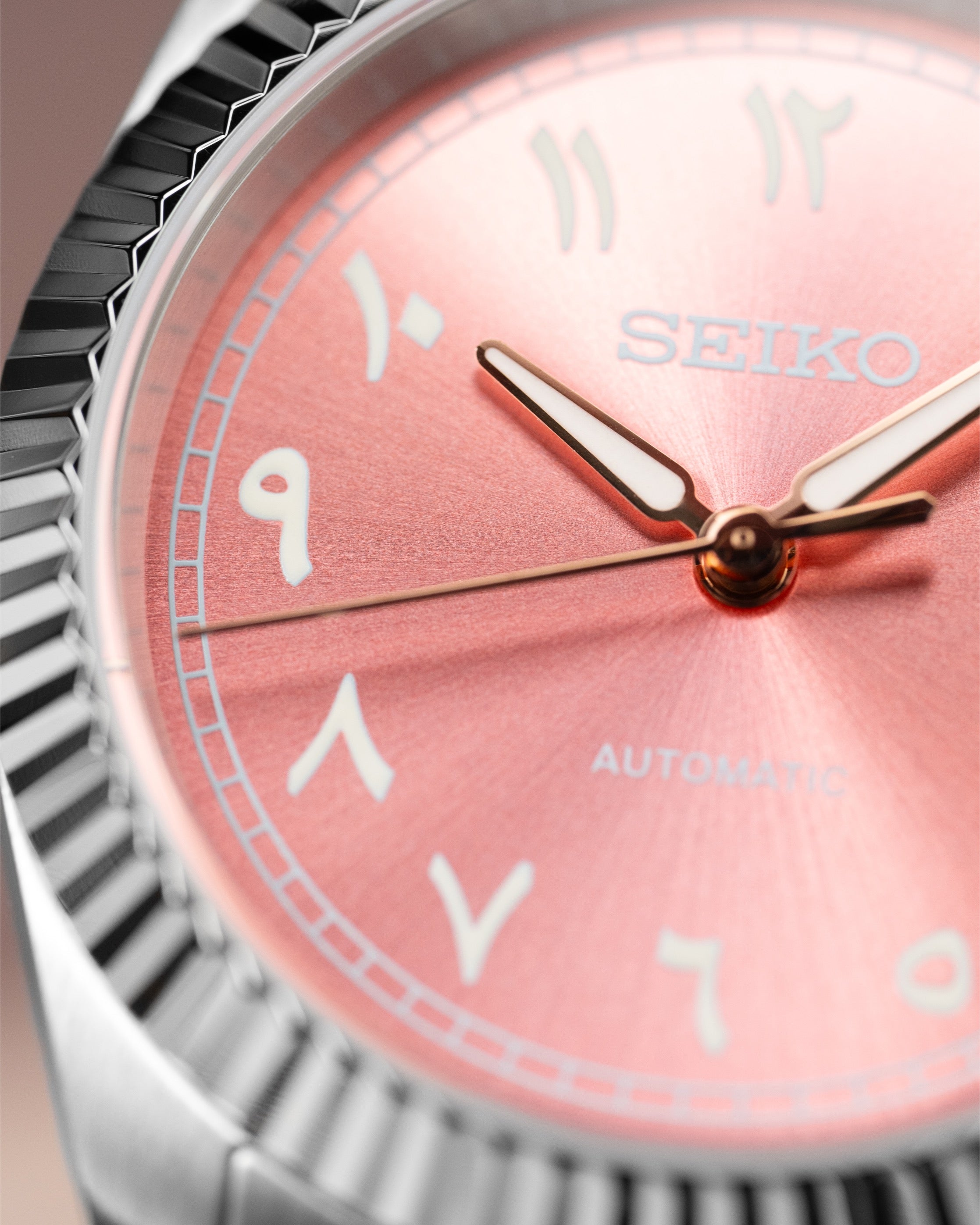 Custom Seiko Mod – Arabic Numeral Dial Watch With Sunburst Pink Dial Fluted Bezel Jubilee Stainless Steel Bracelet10