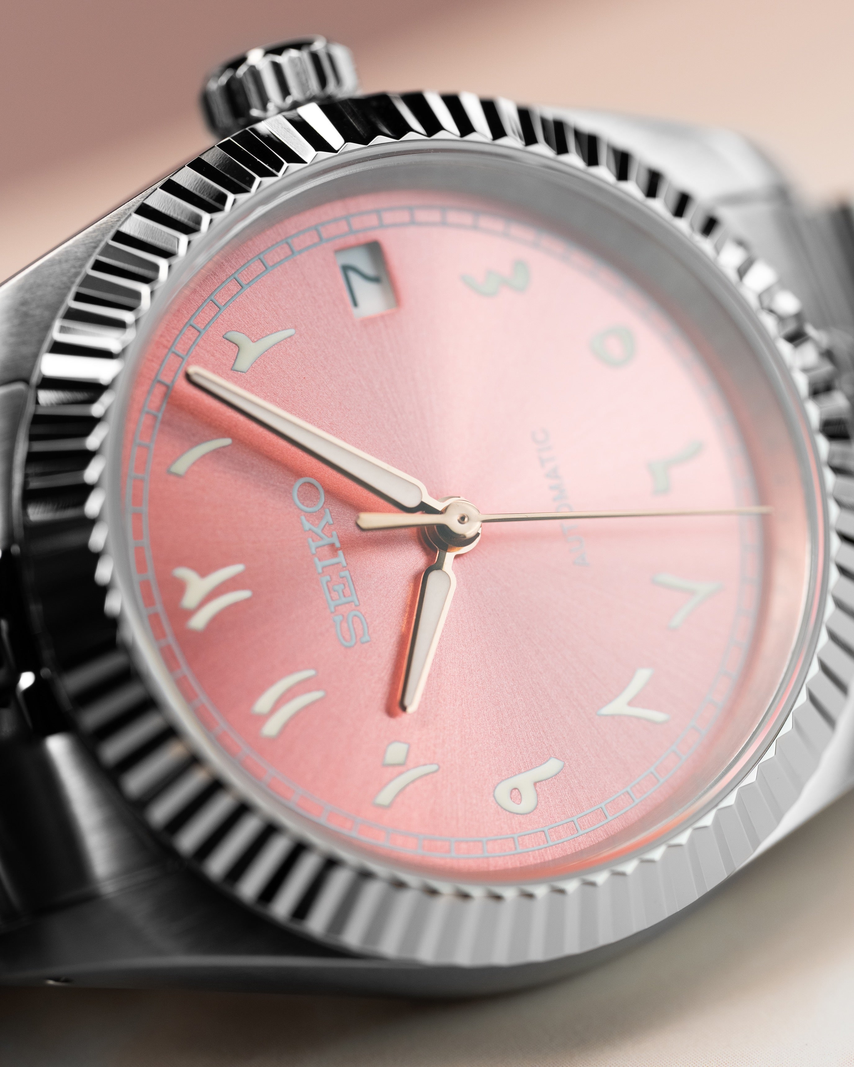 Custom Seiko Mod – Arabic Numeral Dial Watch With Sunburst Pink Dial Fluted Bezel Jubilee Stainless Steel Bracelet13
