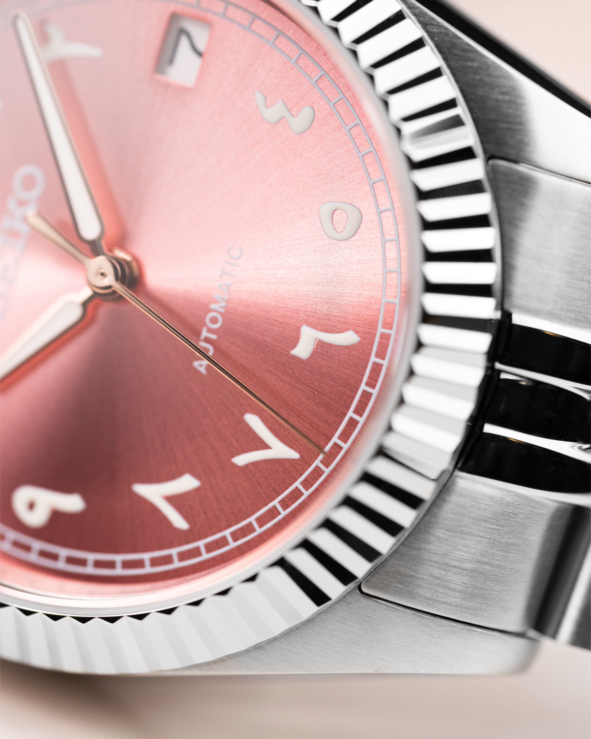 Custom Seiko Mod – Arabic Numeral Dial Watch With Sunburst Pink Dial Fluted Bezel Jubilee Stainless Steel Bracelet3