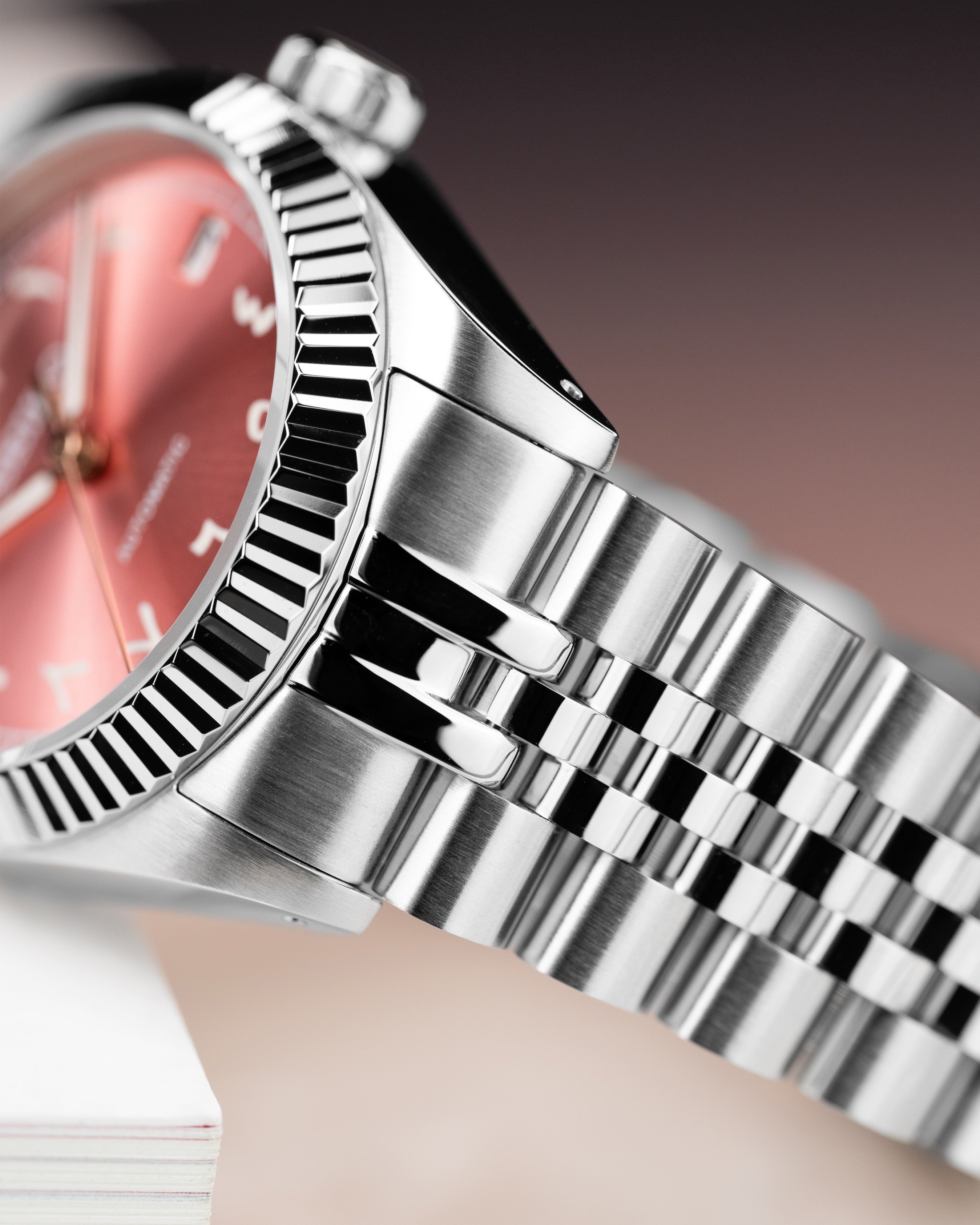Custom Seiko Mod – Arabic Numeral Dial Watch With Sunburst Pink Dial Fluted Bezel Jubilee Stainless Steel Bracelet4