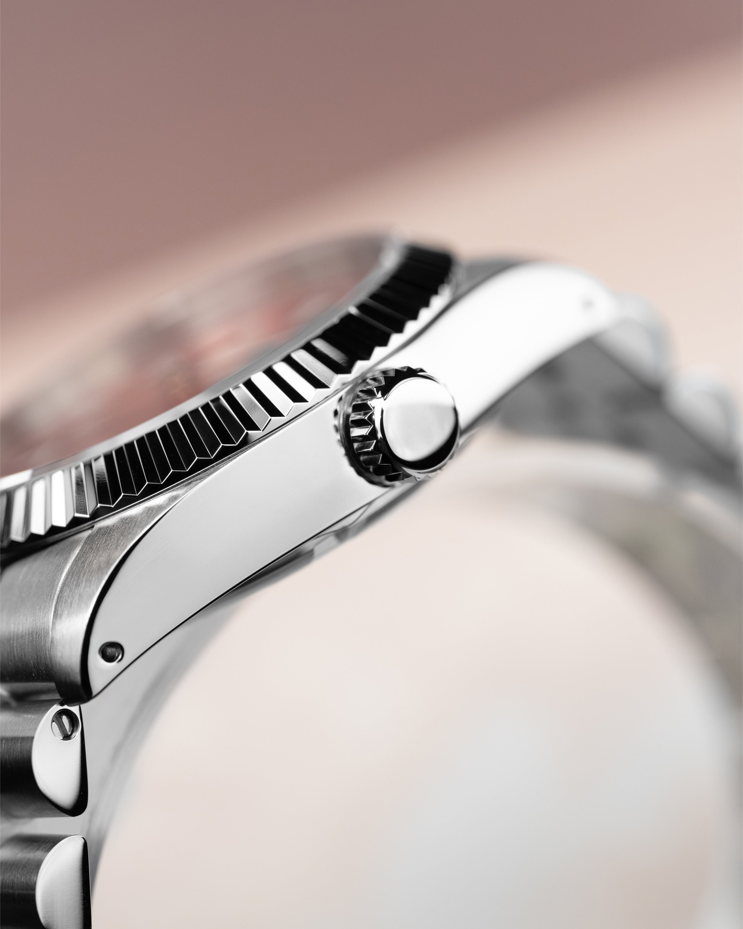 Custom Seiko Mod – Arabic Numeral Dial Watch With Sunburst Pink Dial Fluted Bezel Jubilee Stainless Steel Bracelet5