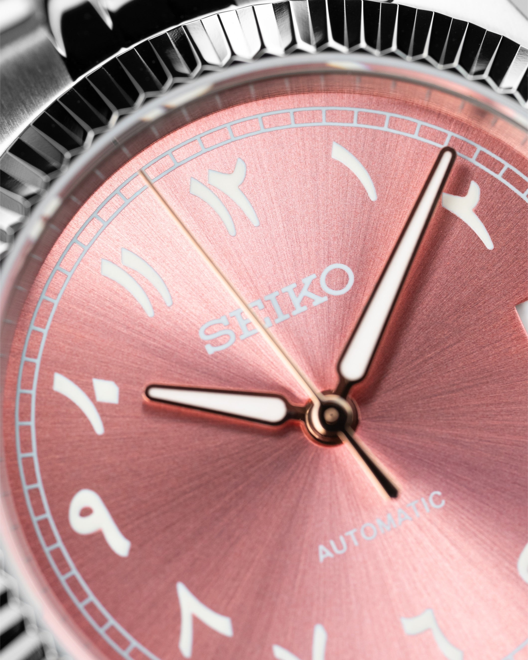 Custom Seiko Mod – Arabic Numeral Dial Watch With Sunburst Pink Dial Fluted Bezel Jubilee Stainless Steel Bracelet6