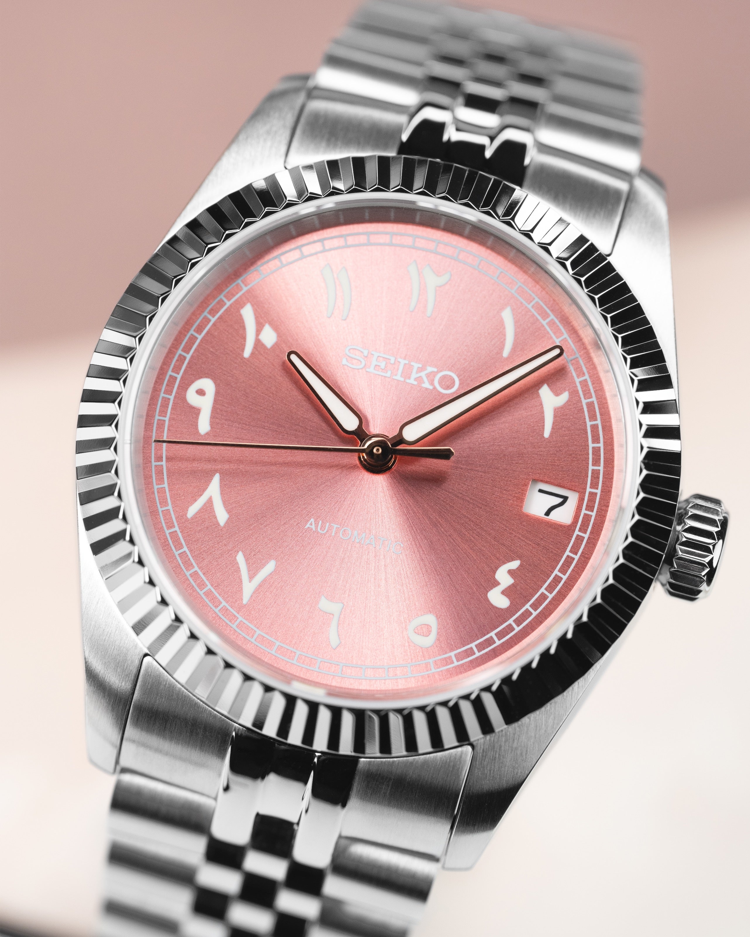 Custom Seiko Mod – Arabic Numeral Dial Watch With Sunburst Pink Dial Fluted Bezel Jubilee Stainless Steel Bracelet7
