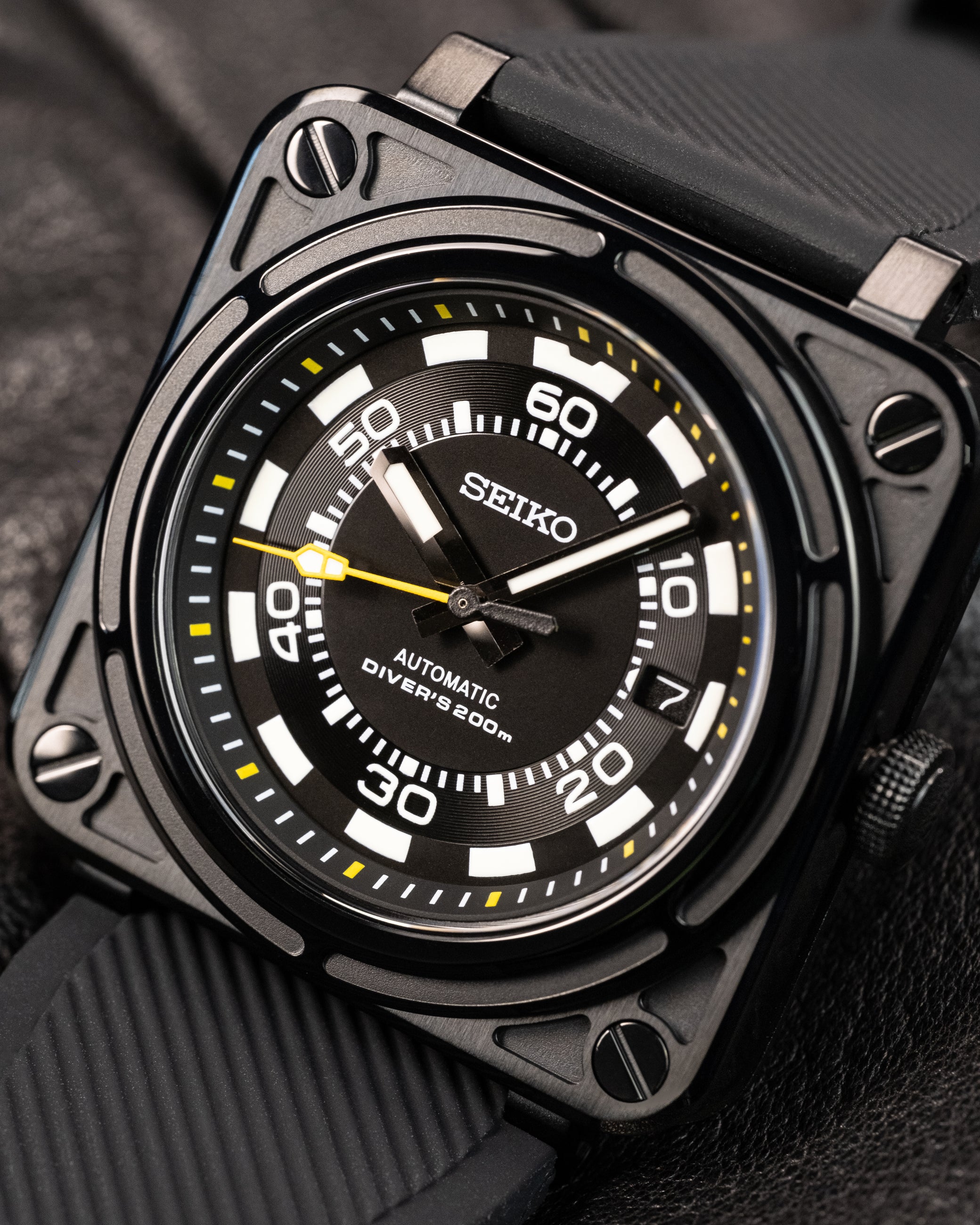Custom Seiko Mod – Bell & Ross Homage With Black Square Diver Case Black Poker Dial Yellow Minute Track Chapter Ring Yellow Seconds Hand Black Rubber Strap