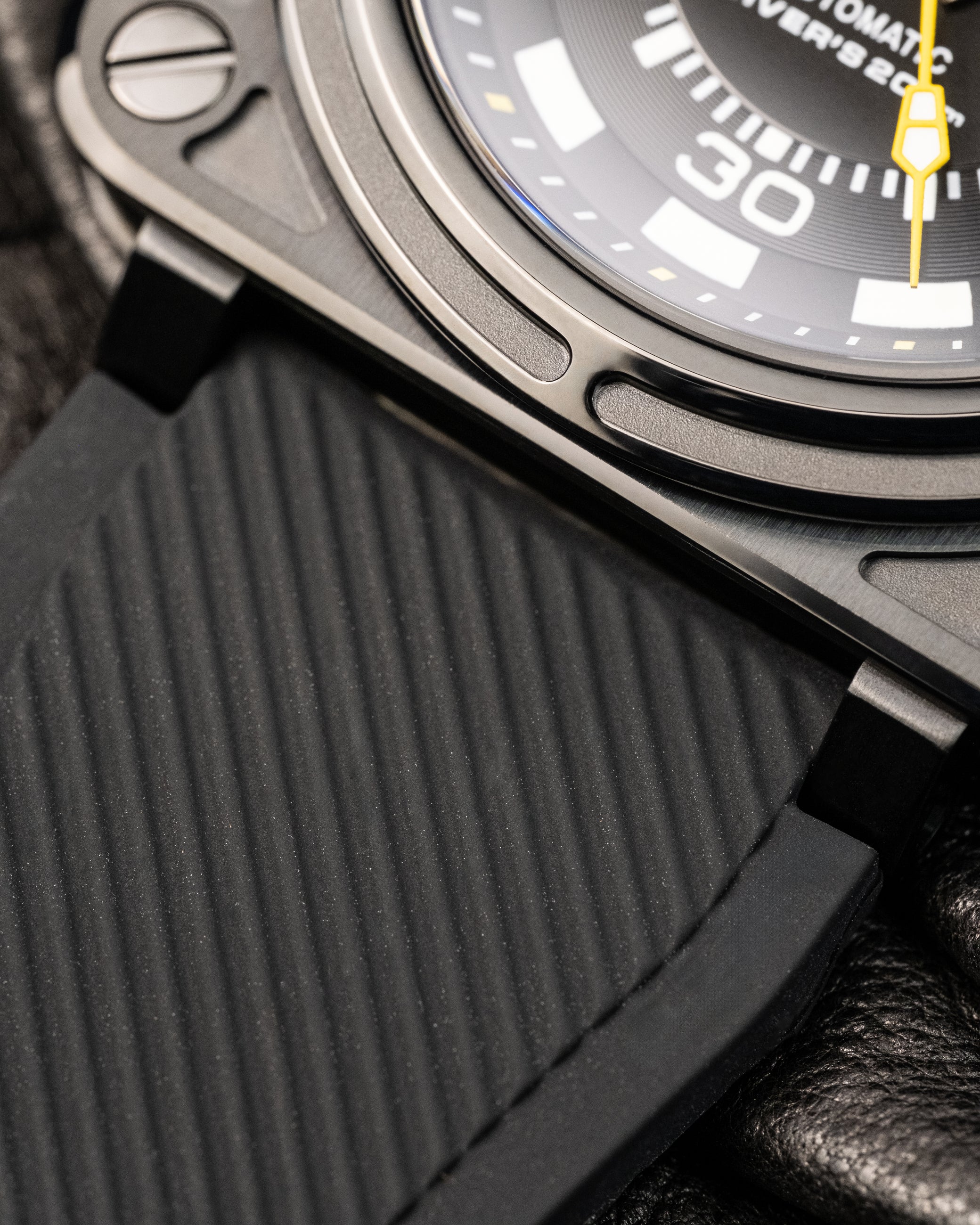 Custom Seiko Mod – Bell & Ross Homage With Black Square Diver Case Black Poker Dial Yellow Minute Track Chapter Ring Yellow Seconds Hand Black Rubber Strap