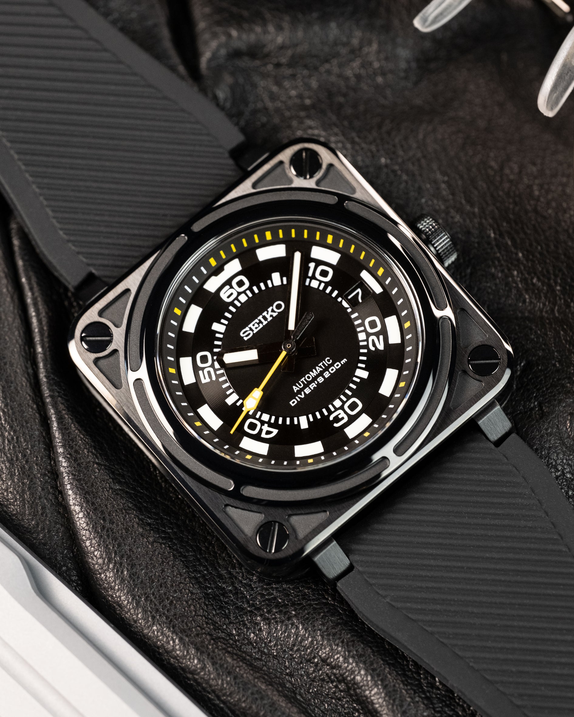 Custom Seiko Mod – Bell & Ross Homage With Black Square Diver Case Black Poker Dial Yellow Minute Track Chapter Ring Yellow Seconds Hand Black Rubber Strap