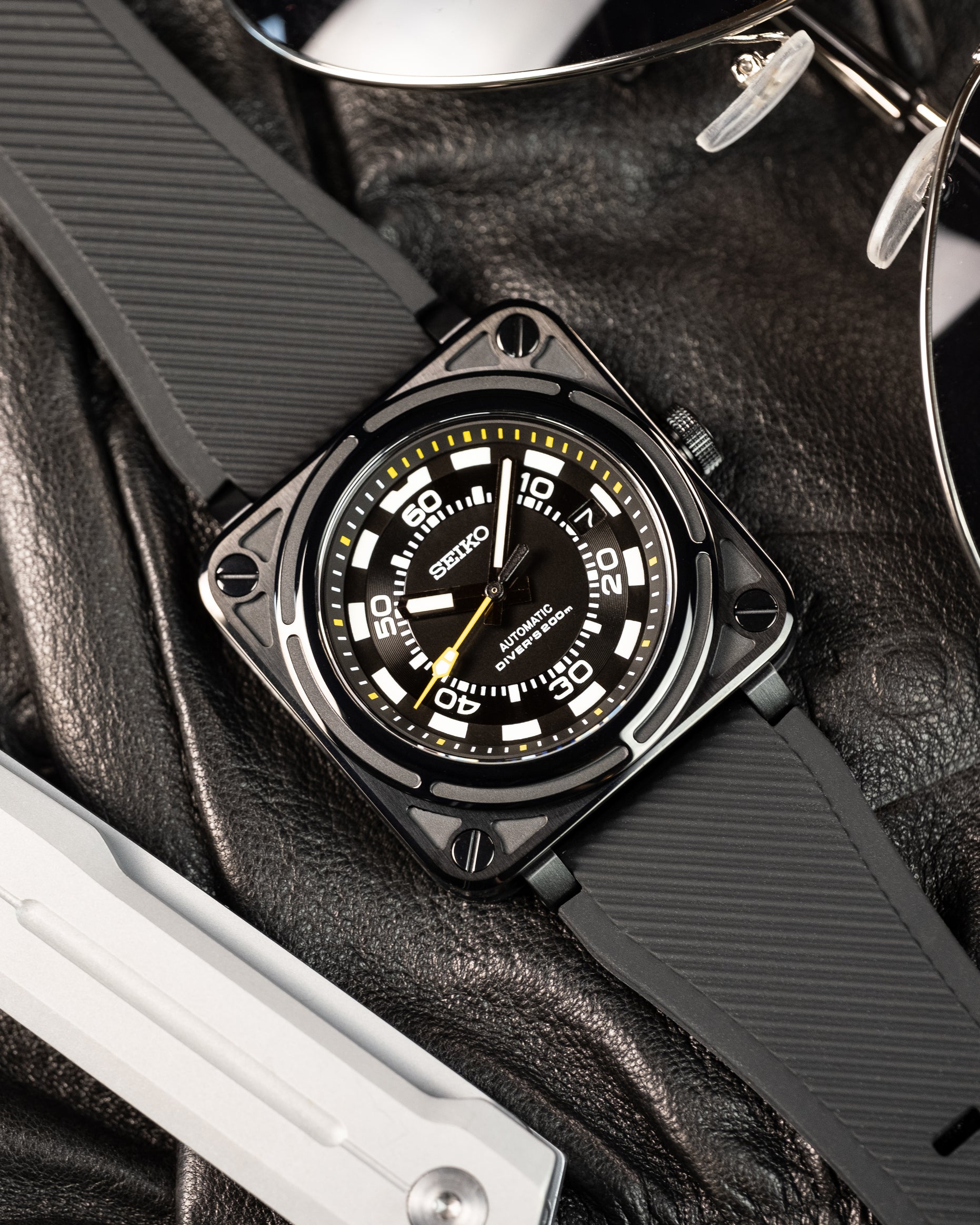 Custom Seiko Mod – Bell & Ross Homage With Black Square Diver Case Black Poker Dial Yellow Minute Track Chapter Ring Yellow Seconds Hand Black Rubber Strap