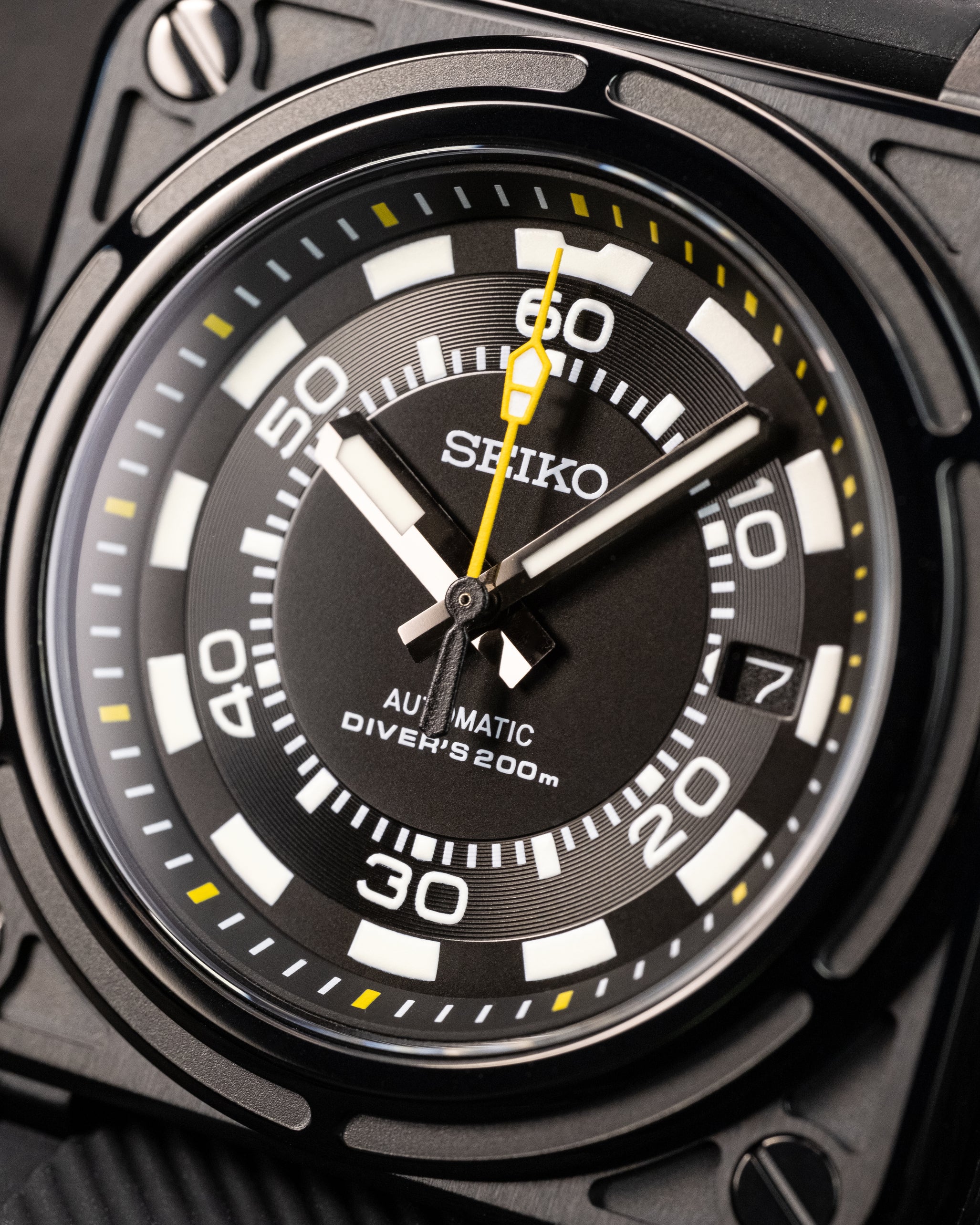 Custom Seiko Mod – Bell & Ross Homage With Black Square Diver Case Black Poker Dial Yellow Minute Track Chapter Ring Yellow Seconds Hand Black Rubber Strap