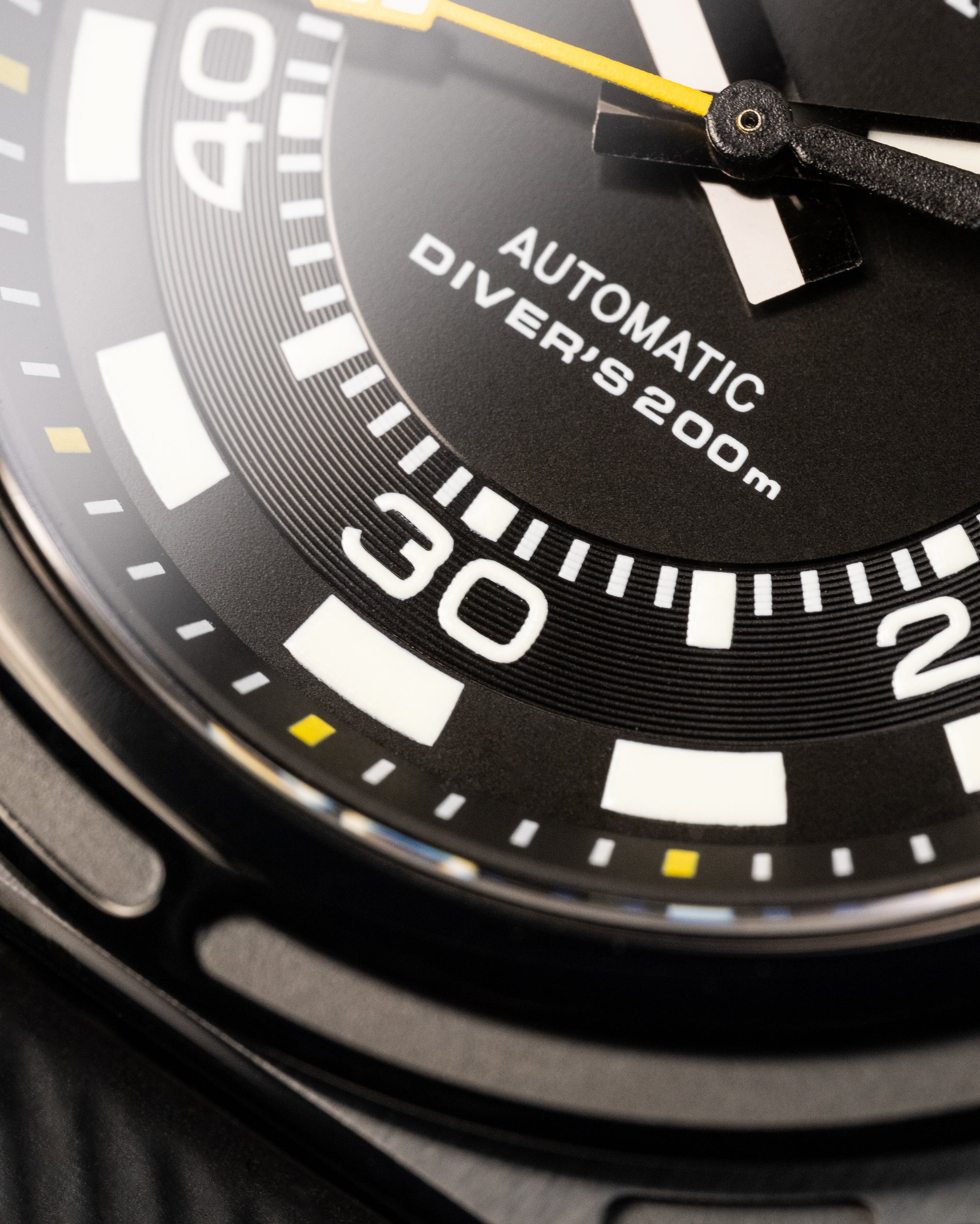 Custom Seiko Mod – Bell & Ross Homage With Black Square Diver Case Black Poker Dial Yellow Minute Track Chapter Ring Yellow Seconds Hand Black Rubber Strap