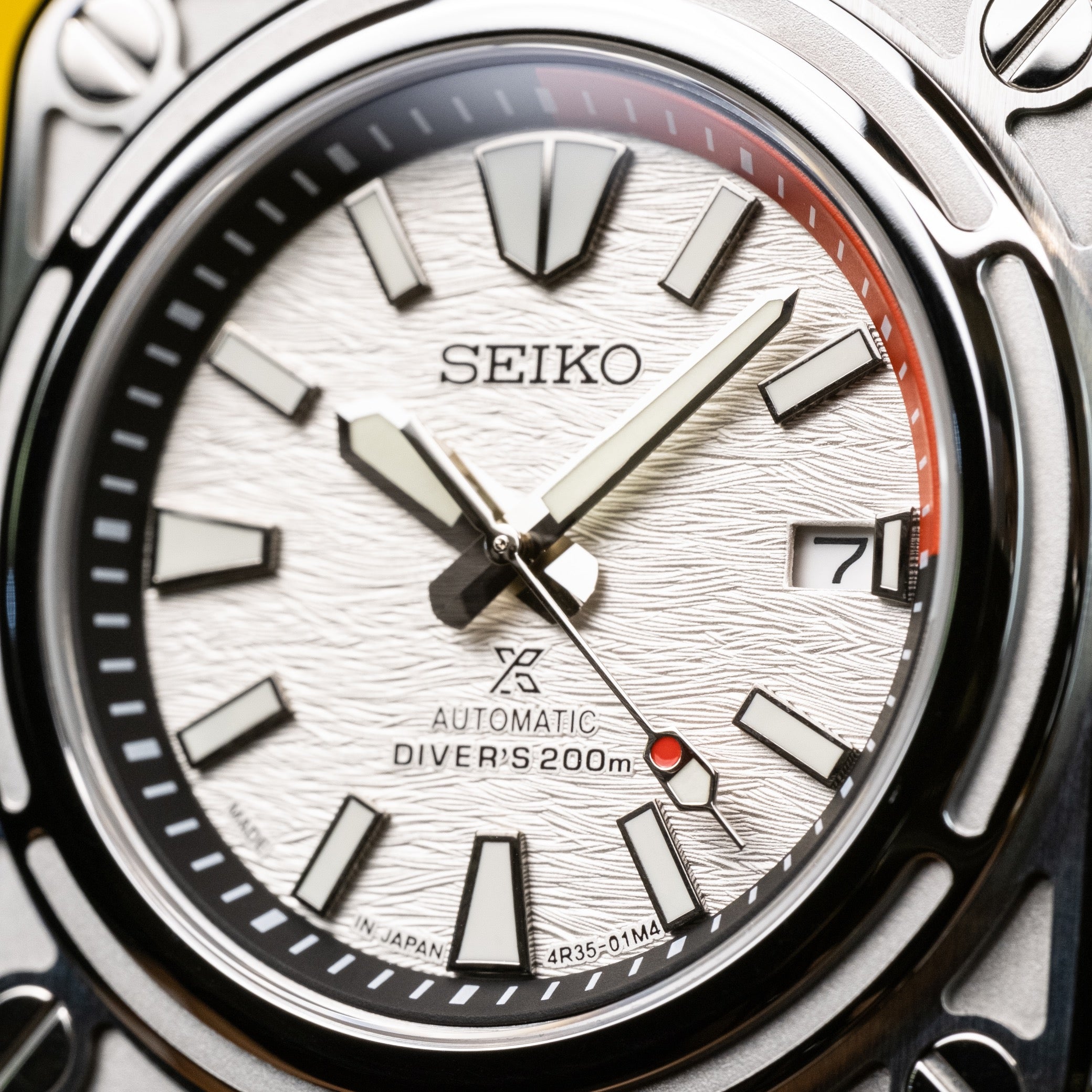 Custom Seiko Mod – Bell & Ross Homage With Square Diver Case White Wave Dial Black And Red Minute Track Chapter Ring Red Tipped Seconds Hand Black Rubber Strap