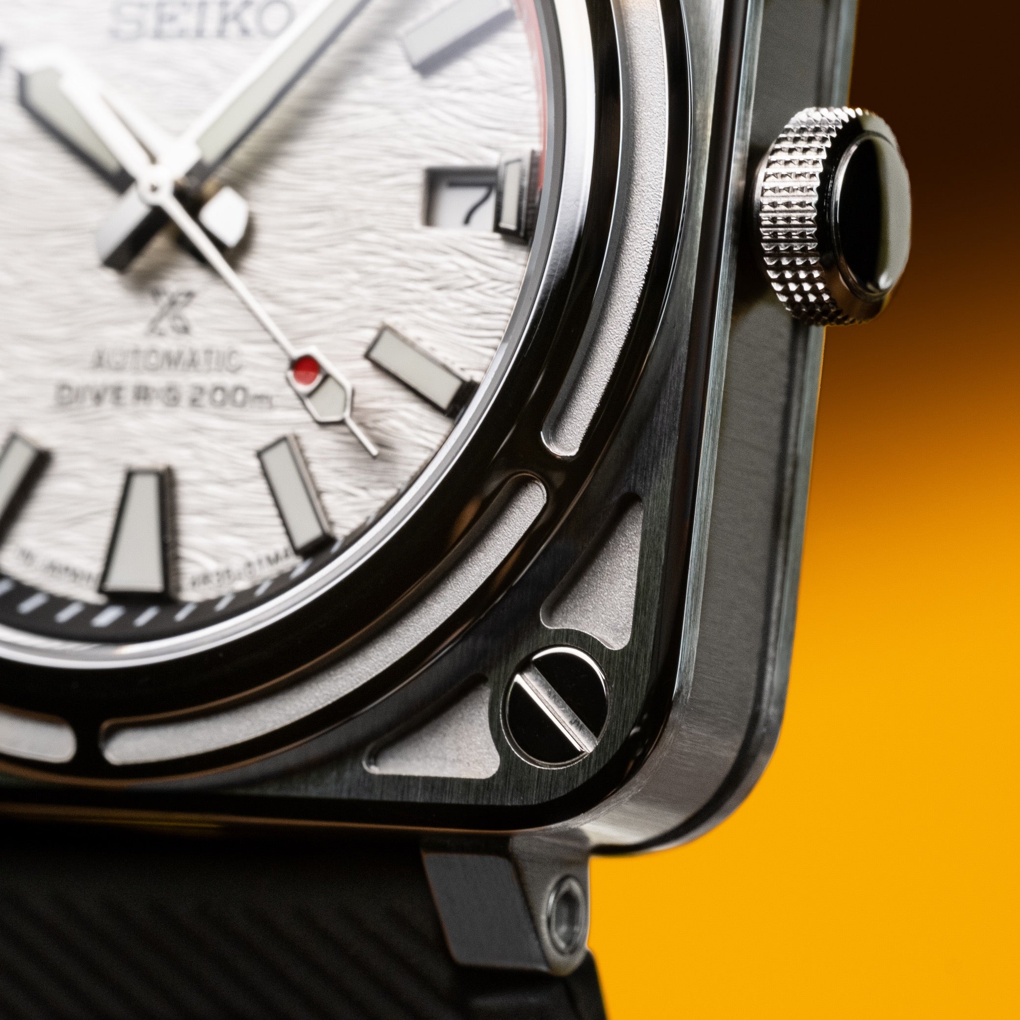Custom Seiko Mod – Bell & Ross Homage With Square Diver Case White Wave Dial Black And Red Minute Track Chapter Ring Red Tipped Seconds Hand Black Rubber Strap