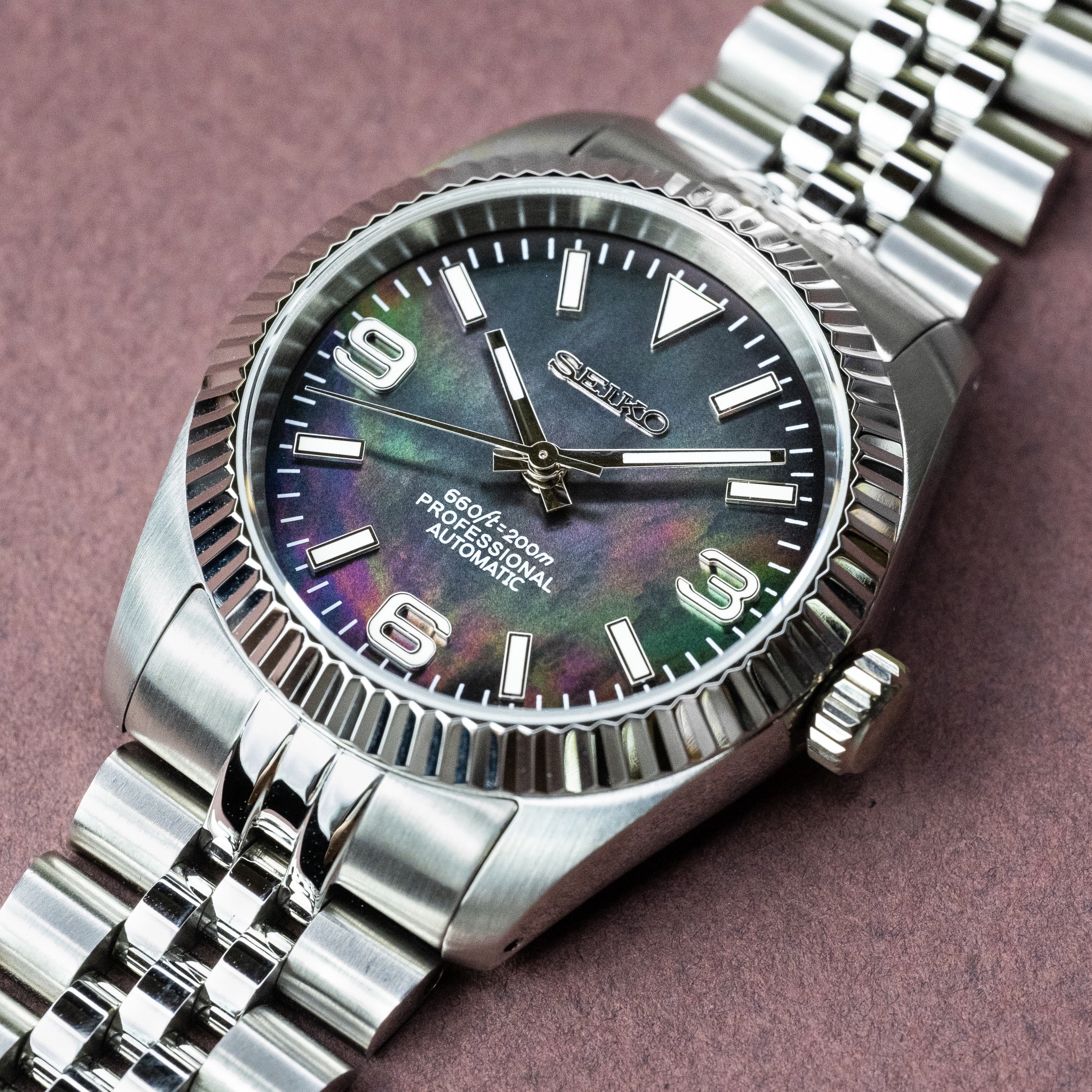 Custom Seiko Mod – Datejust Black Dial Mother Of Pearl5