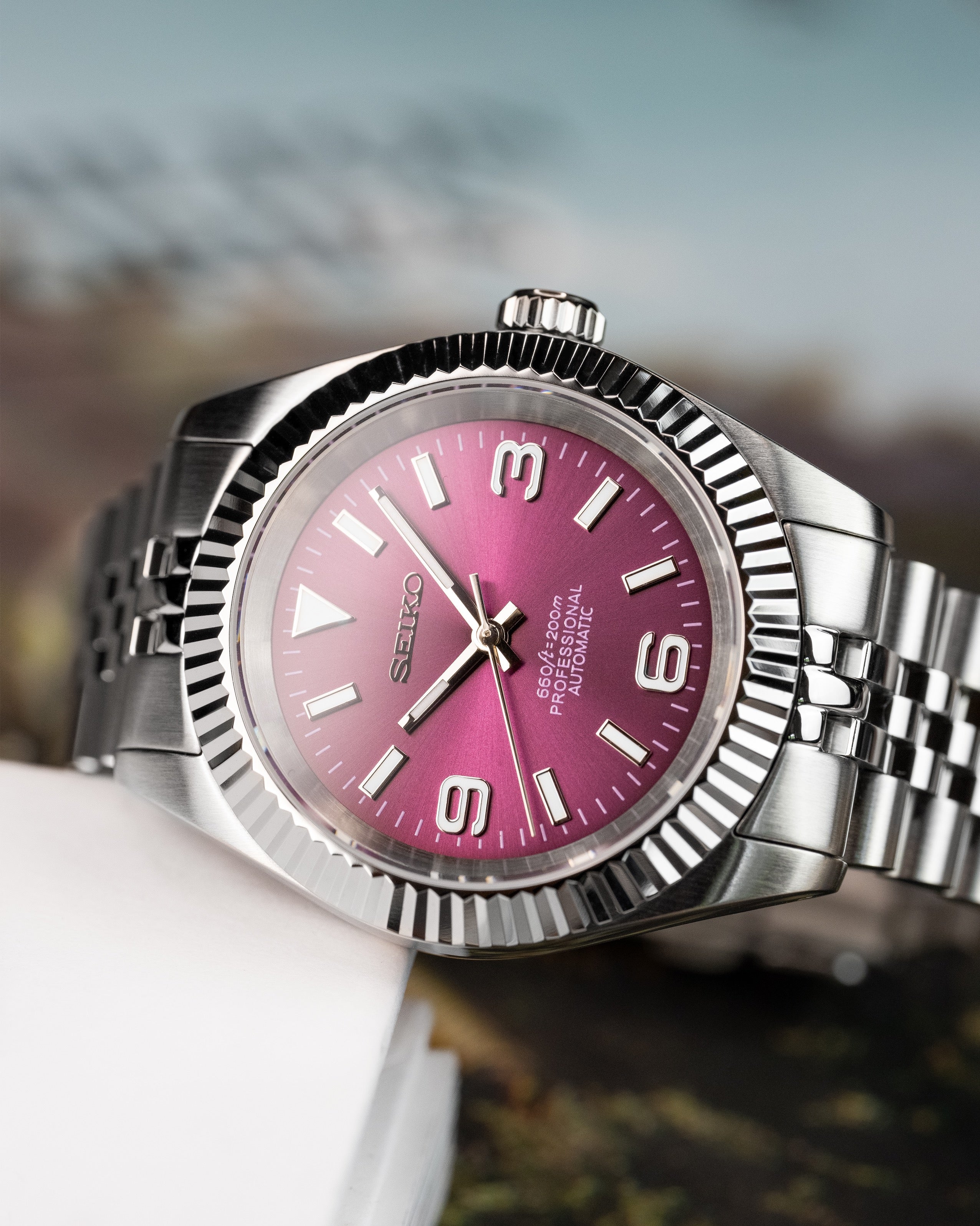Custom Seiko Mod – Datejust With Sunburst Maroon Gradient Explorer Dial Fluted Bezel Jubilee Bracelet1