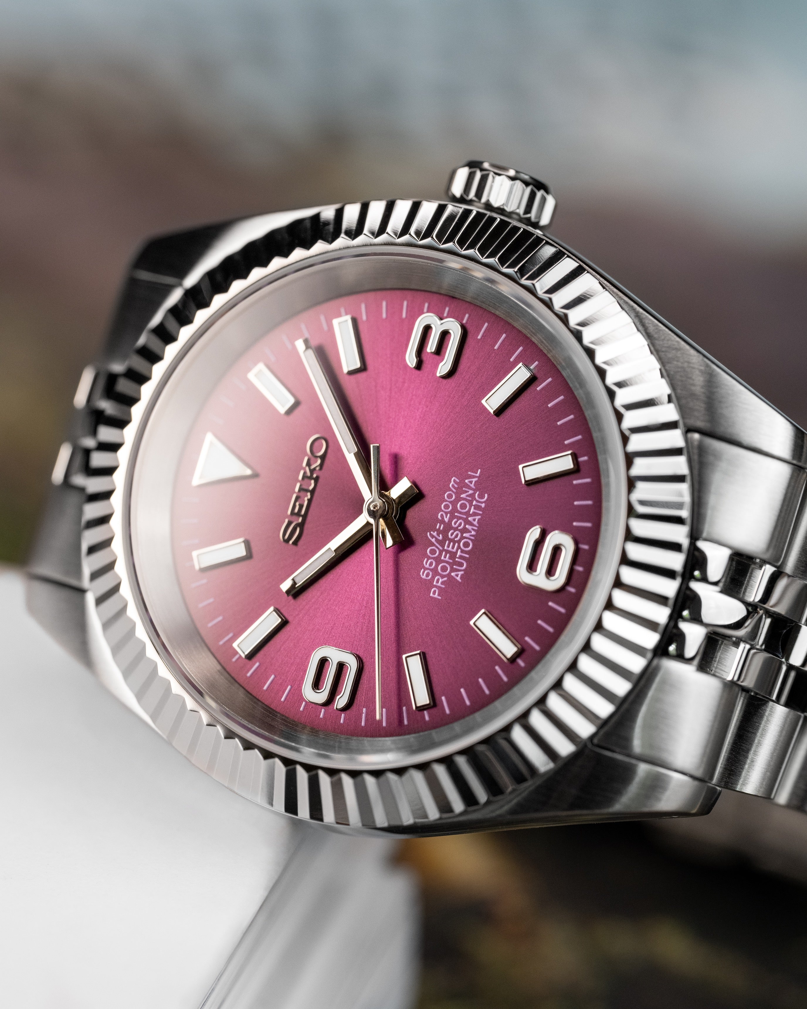 Custom Seiko Mod – Datejust With Sunburst Maroon Gradient Explorer Dial Fluted Bezel Jubilee Bracelet2