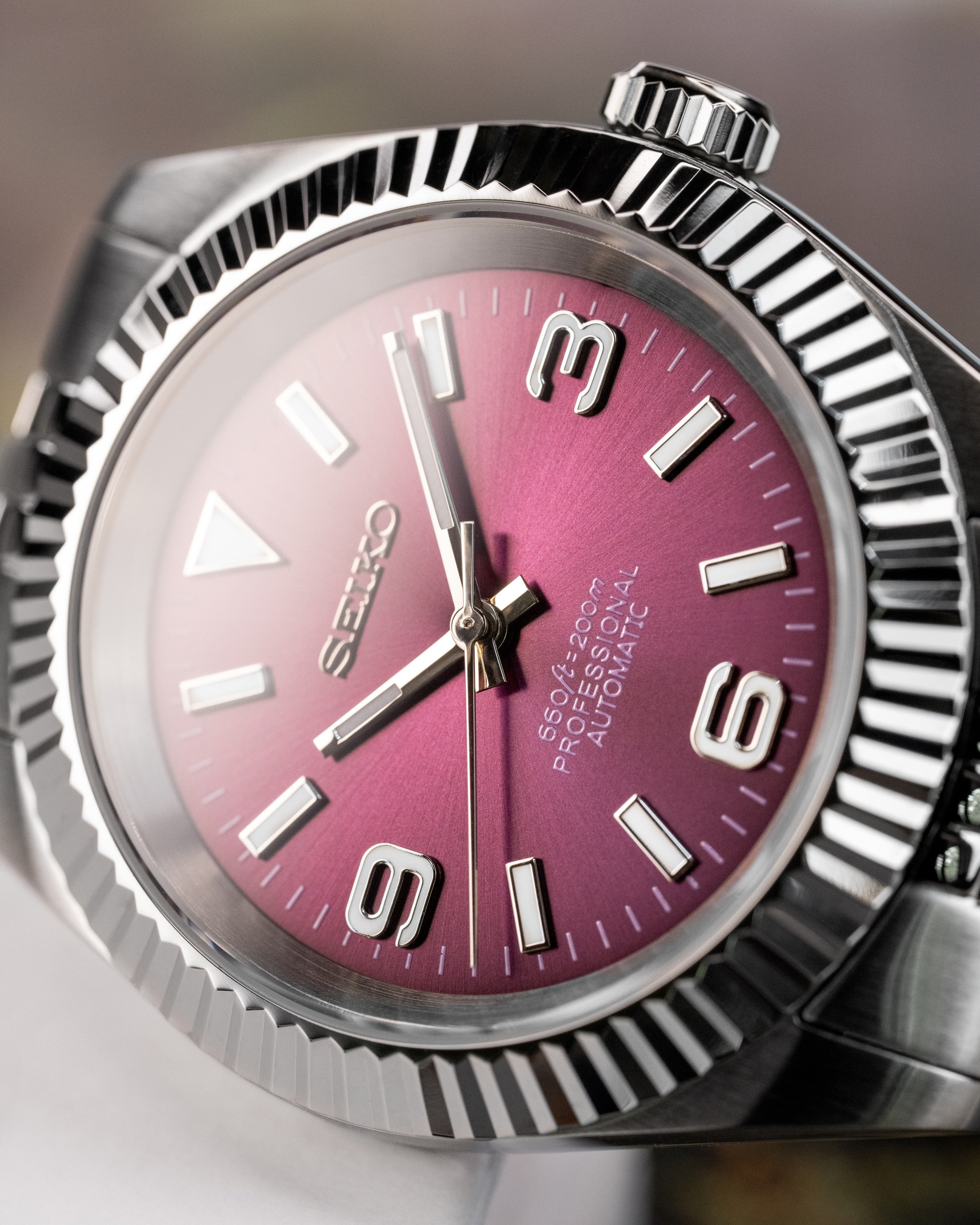 Custom Seiko Mod – Datejust With Sunburst Maroon Gradient Explorer Dial Fluted Bezel Jubilee Bracelet5