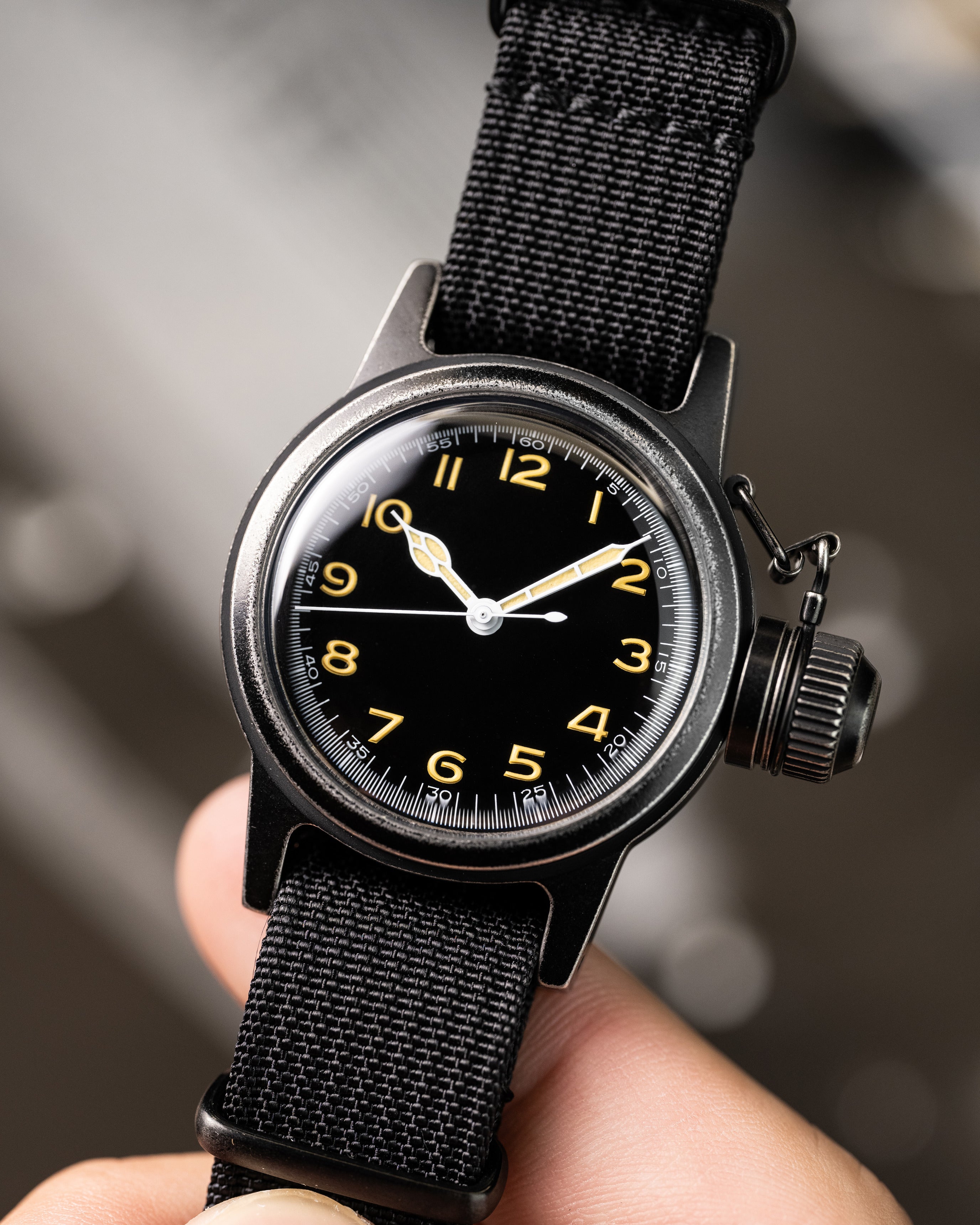 Custom Seiko Mod – Military Dive Watch Inspired By1951Elgin Udt Frogman Matte Black Canteen-Style Case Gilt Numerals Wearing On Hand1